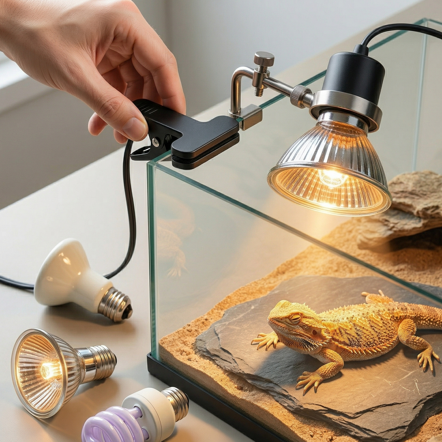 Support lampe pince universelle clipsée bord verre terrarium, main 
élégante installation 10 secondes sans outil, ampoule halogène E27 
allumée lueur ambre, dragon barbu basking ardoise dessous visible, 
trois types ampoules halogène céramique UVB surface côté compatibilité 
universelle, contraste lumière lampe chaude lumière naturelle froide, 
format JPG 1:1