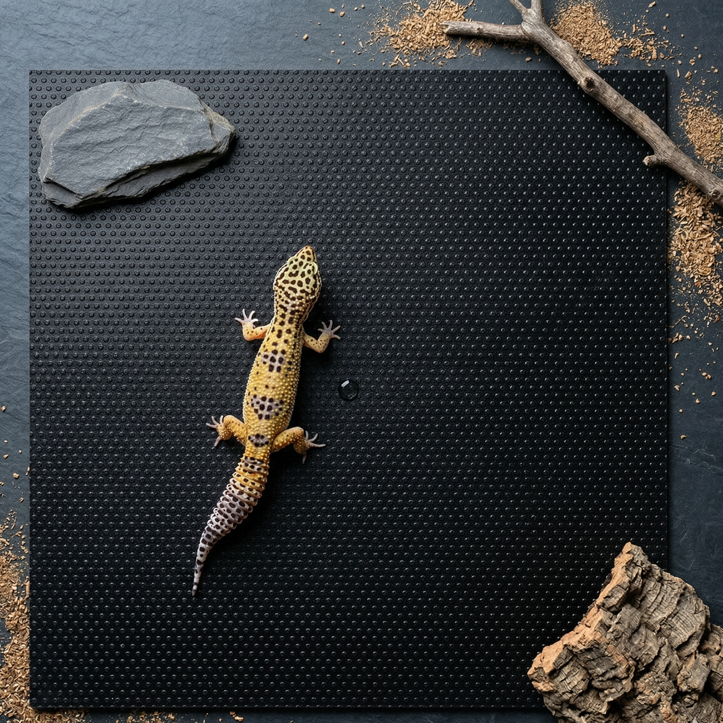 Tapis terrarium noir déroulé vue dessus gecko léopard texture micro-points flat lay 