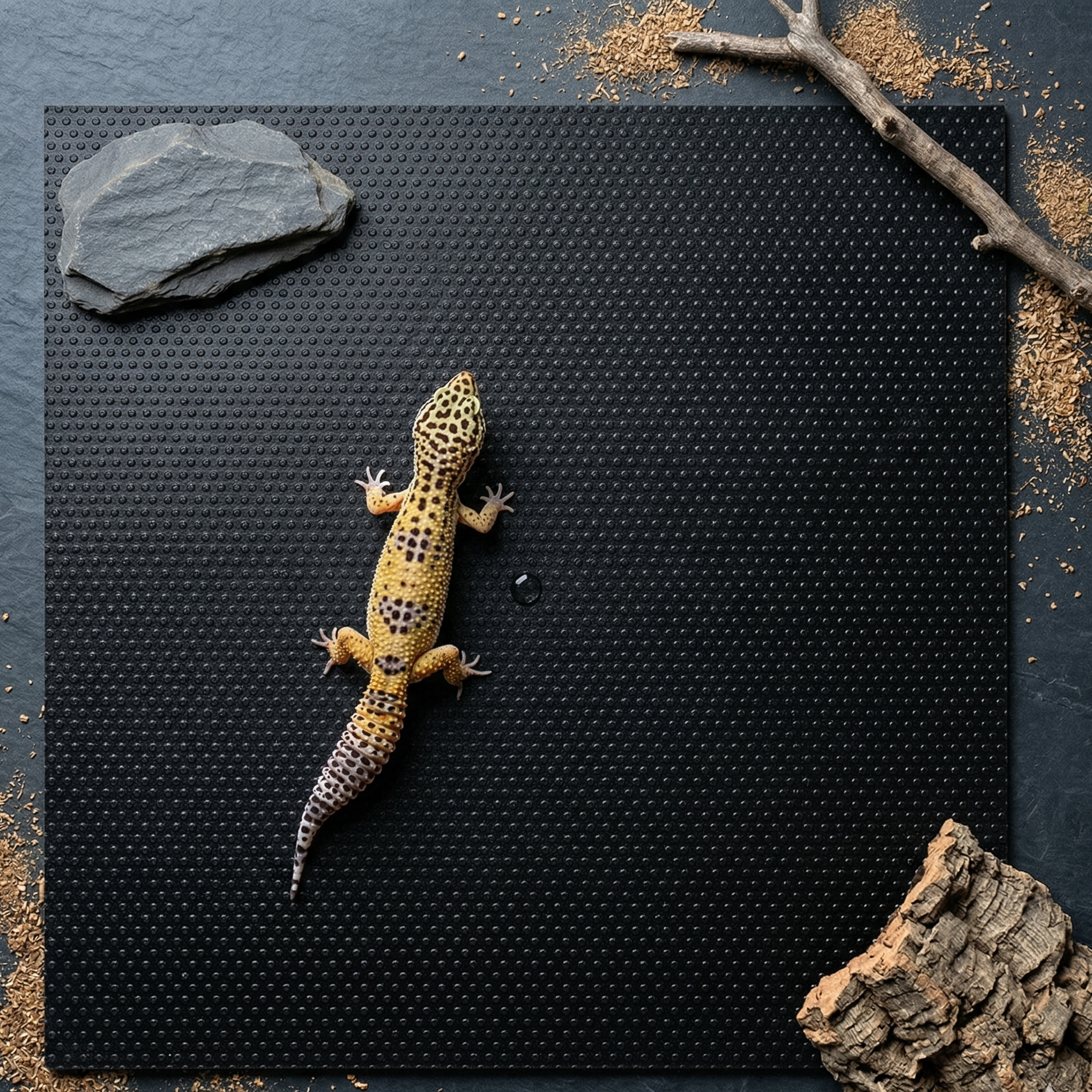 Tapis terrarium noir déroulé vue dessus gecko léopard texture micro-points flat lay 