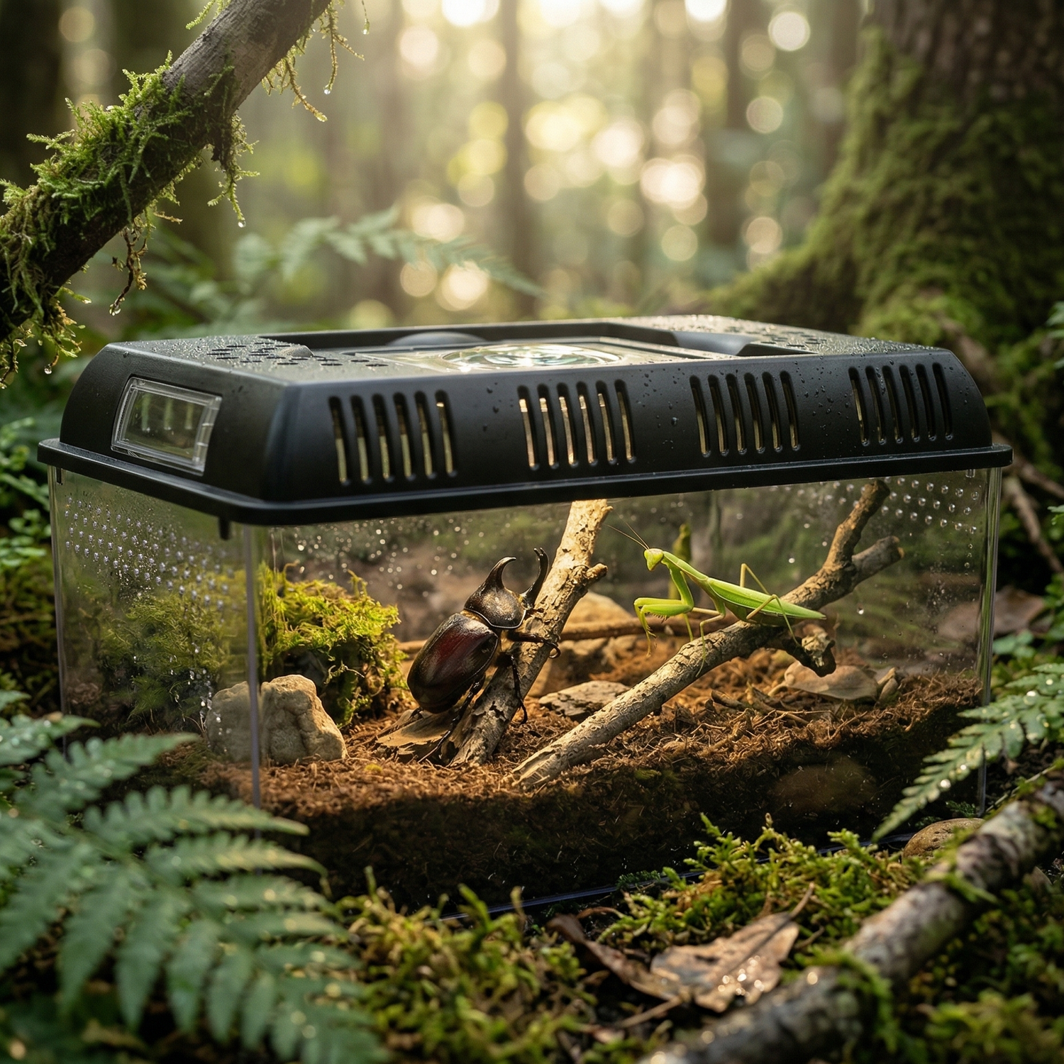 Triptyque terrarium LED portable loupe x60 trois environnements, gauche 
tronc moussu forêt matin doré sauterelle verte paroi cristalline LED 
accent, centre pierre plate jardin mante religieuse branche tête 
rotative fleurs papillons bokeh, droite bureau noyer sombre scarabée 
rhinocéros LED spotlight loupe observation MacBook flou, même produit 
trois mondes cristal reflétant chaque environnement, format JPG 1:1