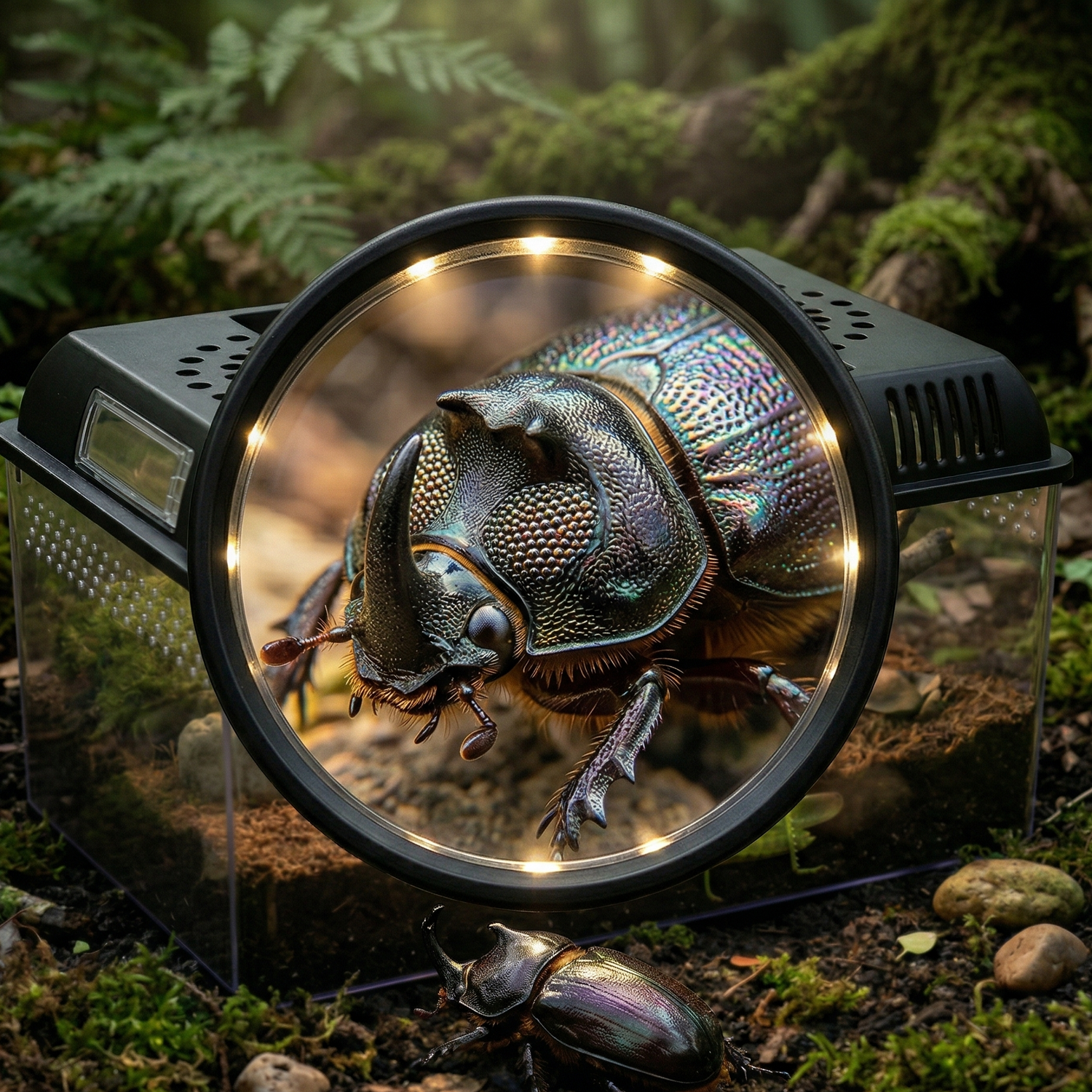 Terrarium LED portable loupe x60 vue 45° composition duale, lentille 
circulaire x60 centre rasoir net cadre noir premium, scarabée rhinocéros 
grossi yeux facettés pierres précieuses corne micro-texture ailes 
iridescentes pattes mécaniques, LED faisceau précis couleurs explosent, 
intérieur substrate corps complet flou doux, sol forêt mousse galets 
fond bokeh naturel, format JPG 1:1
