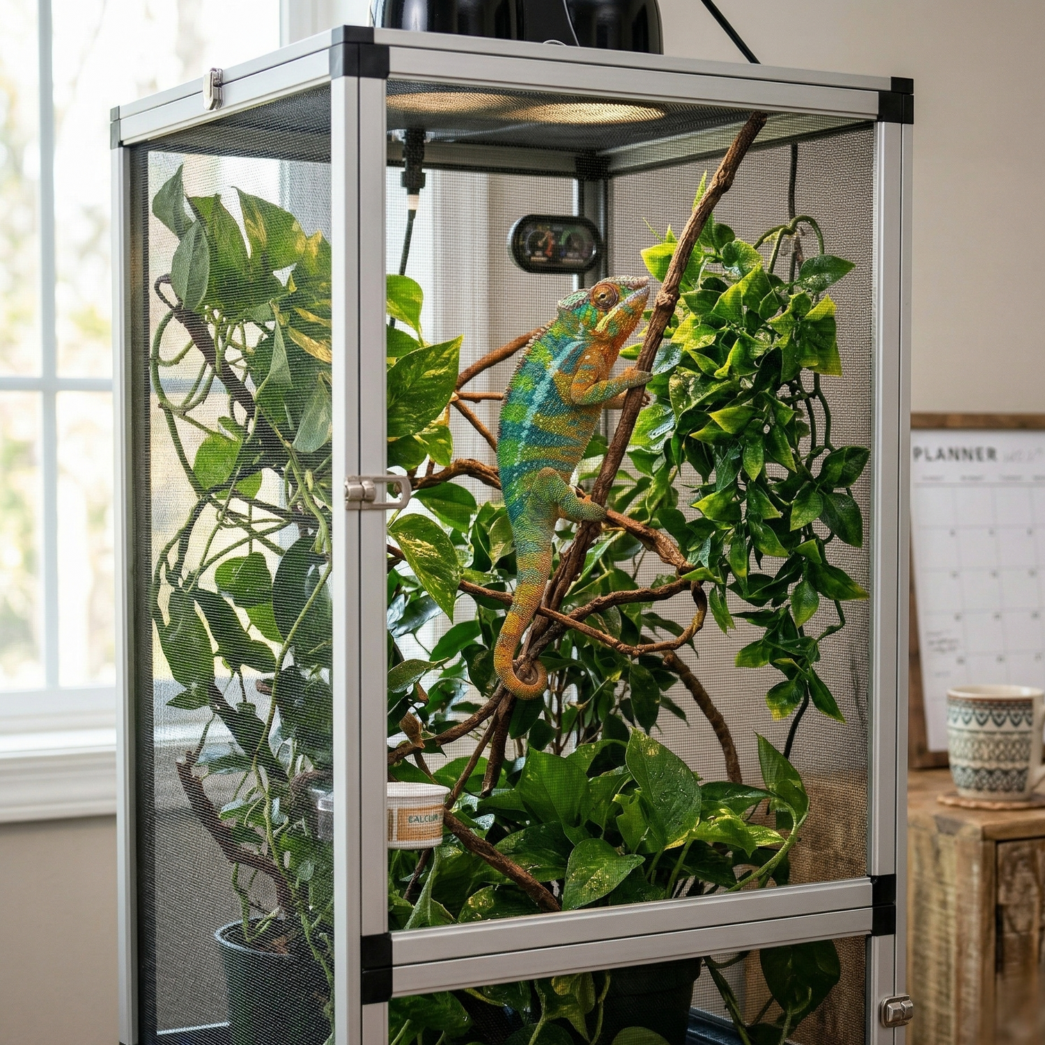 Terrarium vertical aluminium argenté mesh screen (exact référence) avec caméléon panther ou veiled vibrant santé couleurs bright vertes bleues oranges excellent health, activement grimpant branches verticales mi-hauteur démontrant comportement naturel énergie yeux bright alert posture confiante active pas lethargic, positionnement section haute moyenne utilisant espace vertical 46-80cm stimulation instinct grimpe naturel reptile actif heureux pleine santé, habitat montrant bonne circulation air plantes vert