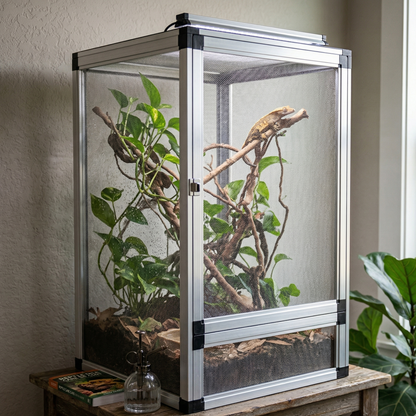 Terrarium vertical aluminium argenté gris (design exact référence cadre silver corners noirs) angle bas contre-plongée 15-20 degrés perspective dramatique montrant hauteur, habitat tropical visible travers mesh plantes pothos branches verticales crested gecko lézard arboricole branche haute espace vertical, construction mesh screen ventilation, meuble bois dessous, maison réelle mur fenêtre daylight plante arrière-plan, éclairage naturel latéral UVB dessus cadre aluminium argenté captant lumière finition mé