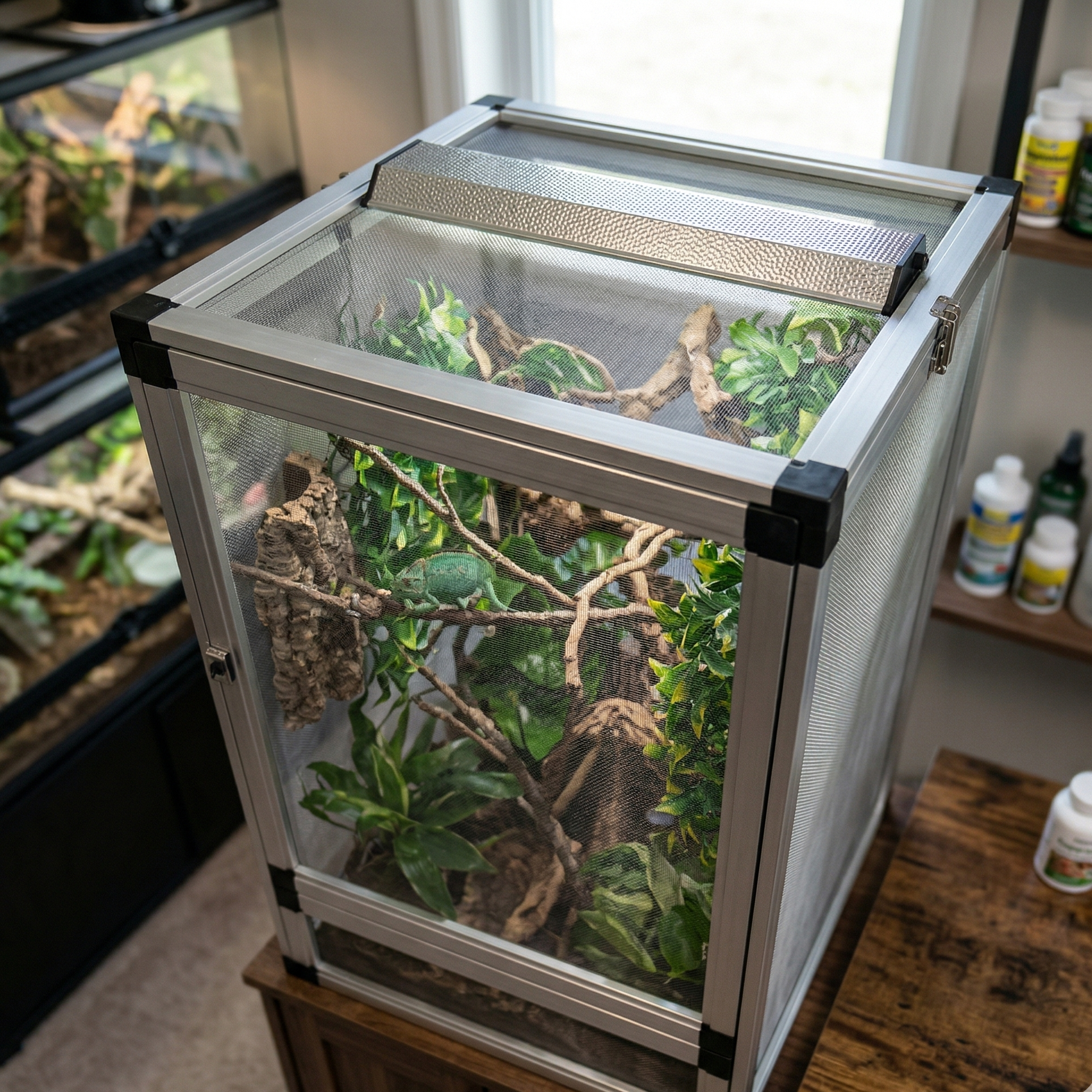Terrarium vertical aluminium argenté gris (exact référence silver frame corners noirs) angle élevé 20-25 degrés plongeant vers bas montrant dessus intérieur, vue plongeante travers mesh top layout branches plantes organisation habitat visible dessus, caméléon ou serpent arboricole branche dessous arrangement vertical climbing elements, mesh top ventilation design UVB light monté dessus visible angle, cadre aluminium silver corners noirs loquet porte perspective élevée, cabinet dessous reptile room tanks sup