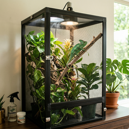 Terrarium vertical aluminium noir mesh screen (design exact référence sans modification) aménagé habitat tropical premium caméléon, intérieur visible travers mesh grillage avec plantes vivantes tropicales pothos ficus broméliade, branches naturelles bois manzanita arrangées verticalement diagonalement, caméléon veiled ou panther agrippant branche mi-hauteur comportement arboricole naturel, brumisation légère visible air, construction mesh screen claire pas verre ventilation airflow évidente, cadre aluminium
