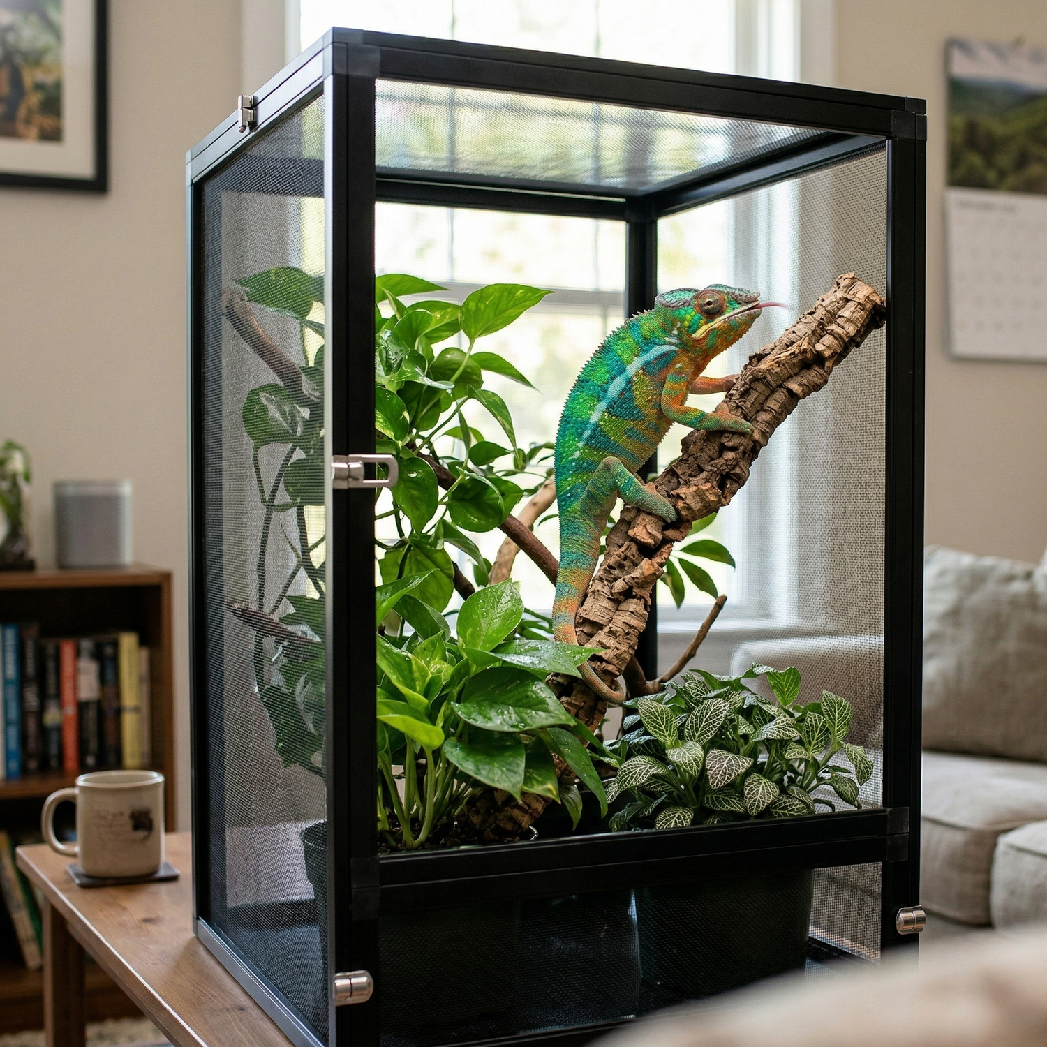 Terrarium vertical aluminium NOIR (design EXACT référence image sans aucune modification produit inchangé) mesh screen avec caméléon panther vibrant santé couleurs bright vertes bleues oranges, activement grimpant branches verticales mi-hauteur utilisant espace vertical 46-80cm instinct grimpe naturel reptile actif heureux pleine santé, habitat circulation air plantes saines no mold branches propres no mildew gouttes eau fraîches mesh ventilation air frais constant, calcium supplement dripper thermometer co