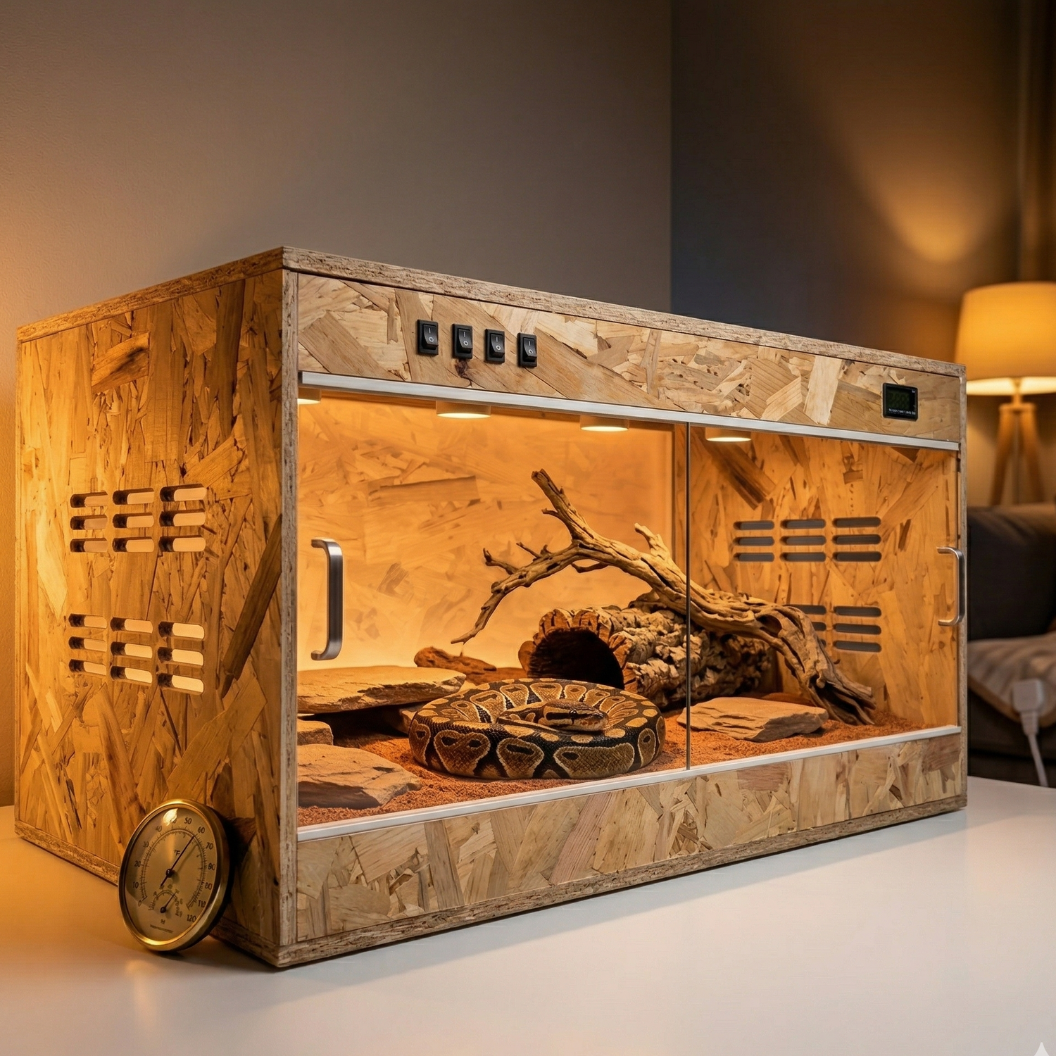 Terrarium bois massif premium isolation thermique chauffage parois 
uniforme, python royal brun doré lové substrat chaud contenu, 
intérieur lueur ambrée uniforme sans zones froides, grain bois 
éclairage rasant chaud texture premium visible, thermomètre 
température stable, ambiance soirée cosy économie énergie 60%, 
format JPG 1:1