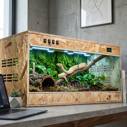 Terrarium bois naturel premium sur bureau béton noyer bureau design 
minimaliste, intérieur tropical mousse liège pothos python champagne 
doré lové branche tête levée, MacBook succulent béton art print, 
lumière naturelle fenêtre gauche, ambiance créatif éditorial, 
format PNG 1:1