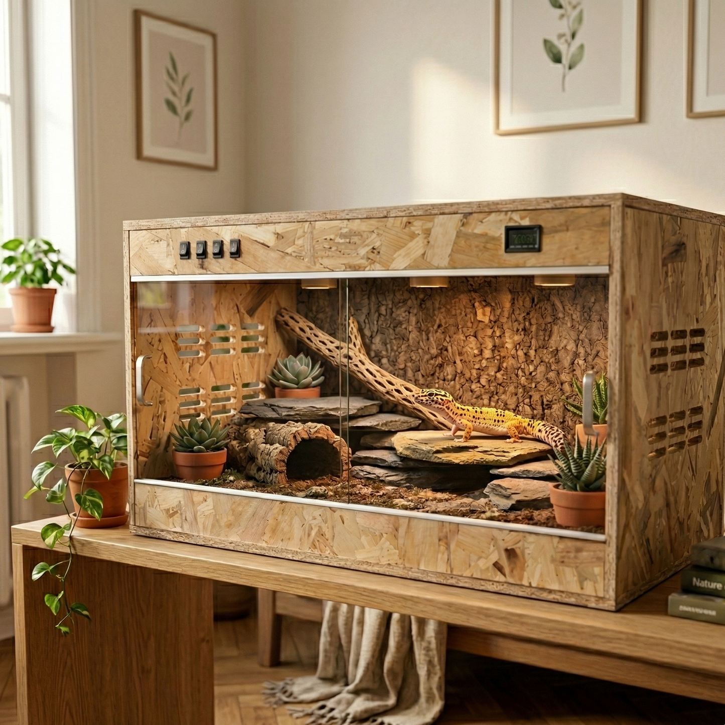 Terrarium bois naturel premium sur console chêne salon moderne 
chaleureux, intérieur décoré liège ardoise cholla substrat naturel 
gecko léopard jaune lumière basking ambrée, pothos terracotta gauche, 
livres nature droite, parquet chêne lumière après-midi, ambiance 
Scandinave boho naturel, format JPG 1:1