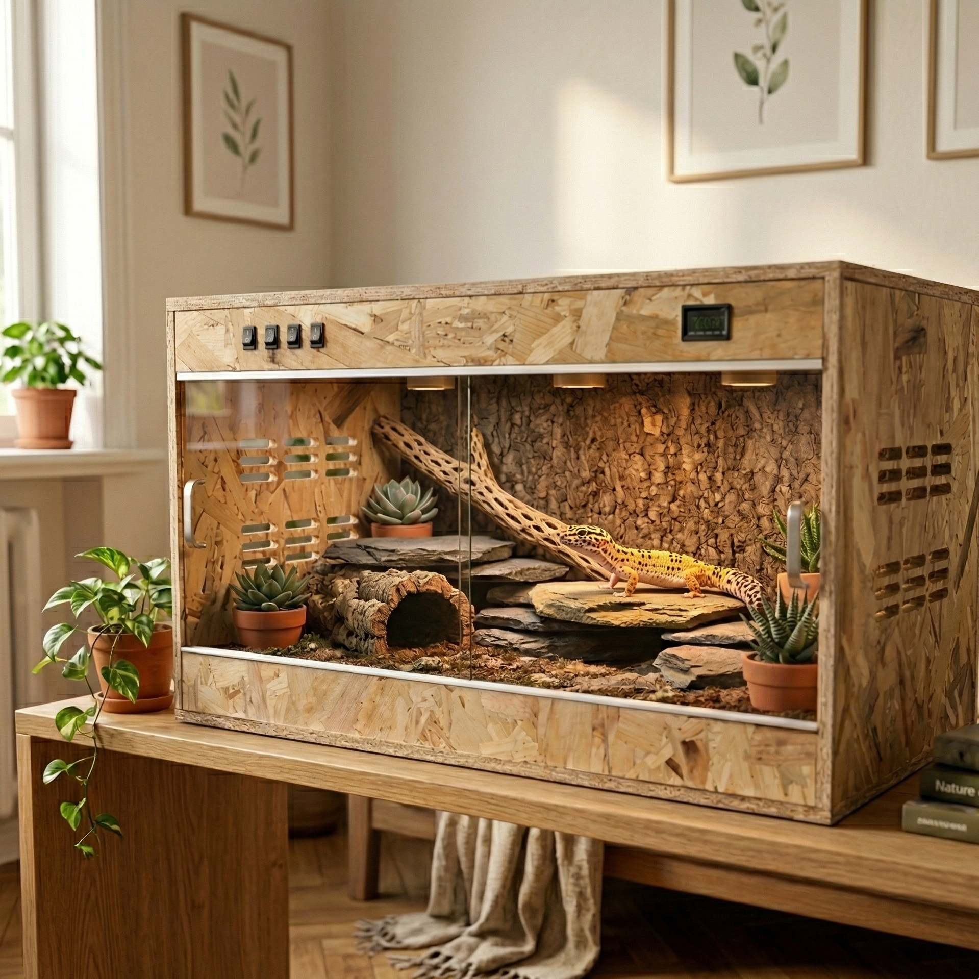 Terrarium bois naturel premium sur console chêne salon moderne 
chaleureux, intérieur décoré liège ardoise cholla substrat naturel 
gecko léopard jaune lumière basking ambrée, pothos terracotta gauche, 
livres nature droite, parquet chêne lumière après-midi, ambiance 
Scandinave boho naturel, format JPG 1:1