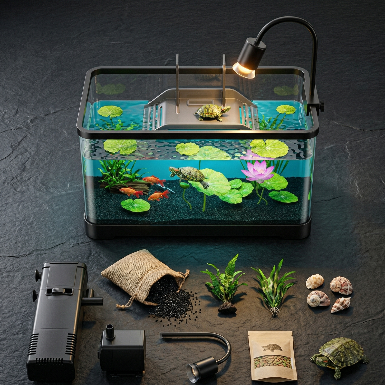 Terrarium aquatique premium noir complet centre fond ardoise sombre 
allumé tortues vivantes, flat lay éditorial tous accessoires inclus 
devant, filtration 3-en-1 pompe lampe chauffante rangée arrière, sable 
noir décoratif ouvert plantes aquatiques coquillages rangée milieu, 
nourriture tortue petite tortue rangée avant, lumière naturelle overhead 
ombres subtiles qualité visible, format JPG 1:1