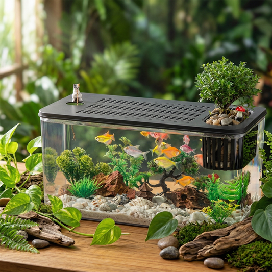 Petit aquarium-terrarium rectangulaire blanc avec couvercle ventilé noir, contenant poissons colorés et plantes aquatiques, posé sur bois naturel entouré de plantes tropicales, pierres et mousse, éclairage naturel doux, ambiance jungle exotique, format carré 1:1