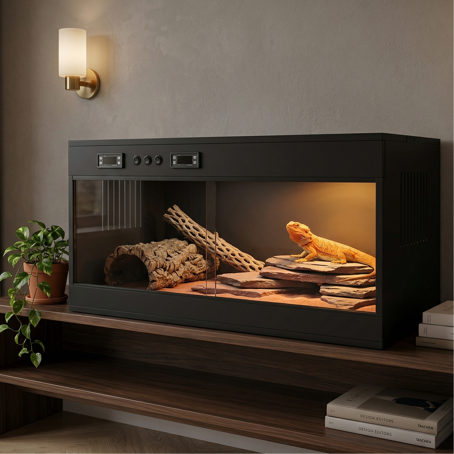 Terrarium horizontal noir mat premium posé sur meuble TV noyer 
salon moderne, intérieur aménagé complet avec dragon barbu orange 
doré sur roches ardoise sous lumière basking ambrée, paroi 3D pierre, 
sable rougeâtre, cache liège bois cholla, pothos terracotta gauche, 
livres design droite, mur plâtre gris chaud, parquet chêne clair, 
ambiance soirée cosy aspirationnel, format JPG 1:1