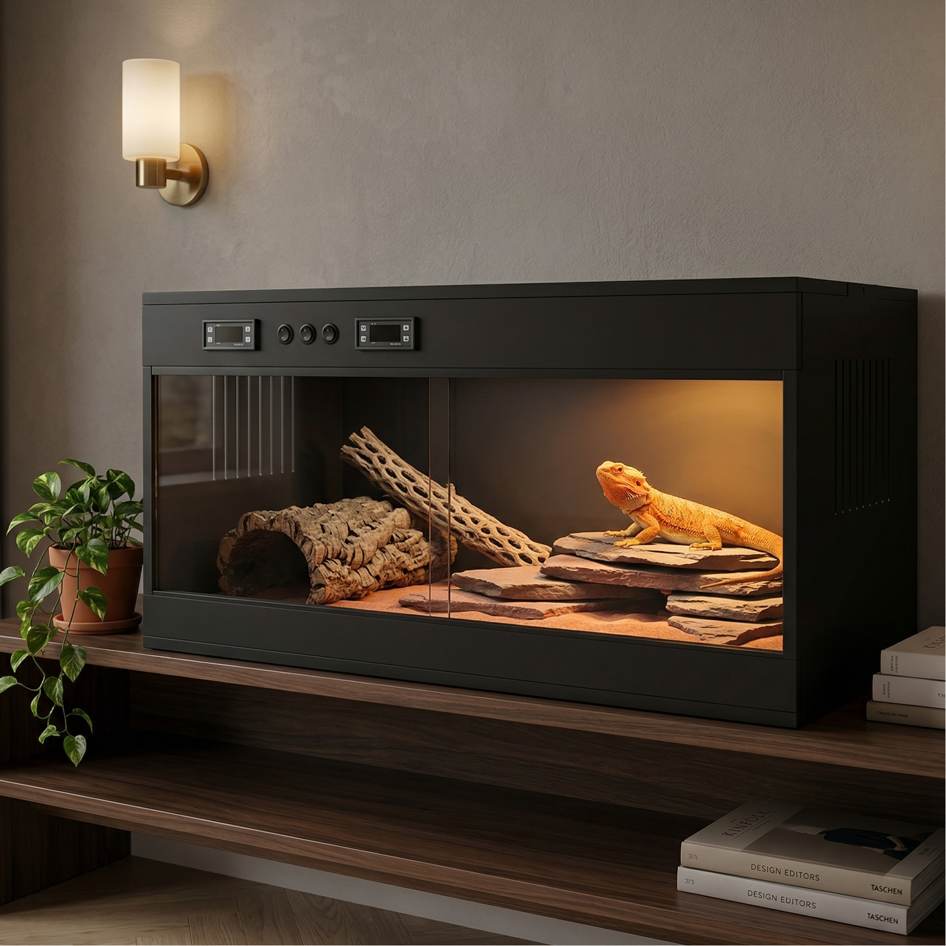 Terrarium horizontal noir mat premium posé sur meuble TV noyer 
salon moderne, intérieur aménagé complet avec dragon barbu orange 
doré sur roches ardoise sous lumière basking ambrée, paroi 3D pierre, 
sable rougeâtre, cache liège bois cholla, pothos terracotta gauche, 
livres design droite, mur plâtre gris chaud, parquet chêne clair, 
ambiance soirée cosy aspirationnel, format JPG 1:1