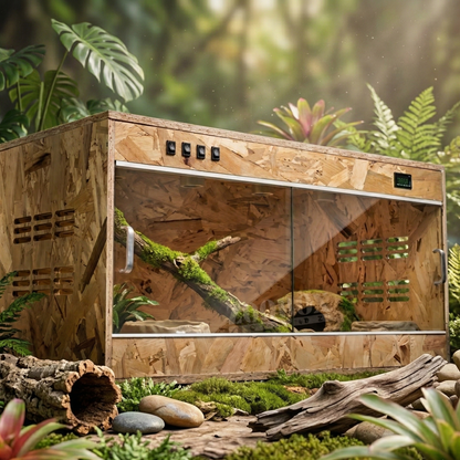 Terrarium professionnel Luminoria en bois OSB exposé dans un décor naturel de jungle avec plantes tropicales, mousse et bois flotté.