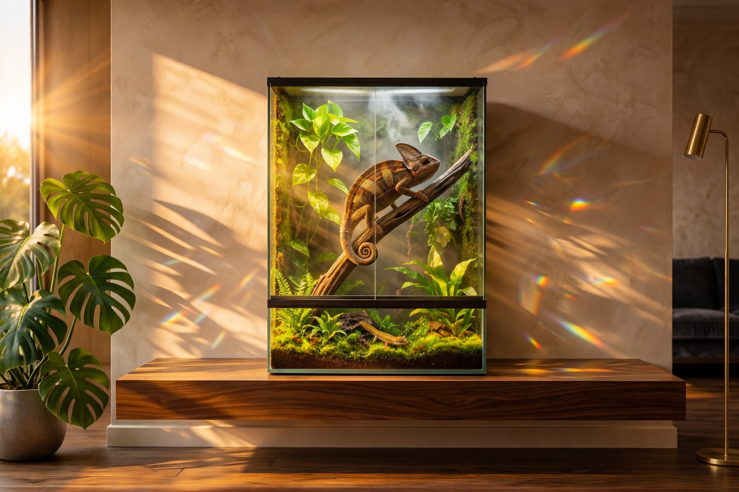 MaisonZenarium terrarium tropical premium salon golden hour lumière dorée nature intérieur vivant
