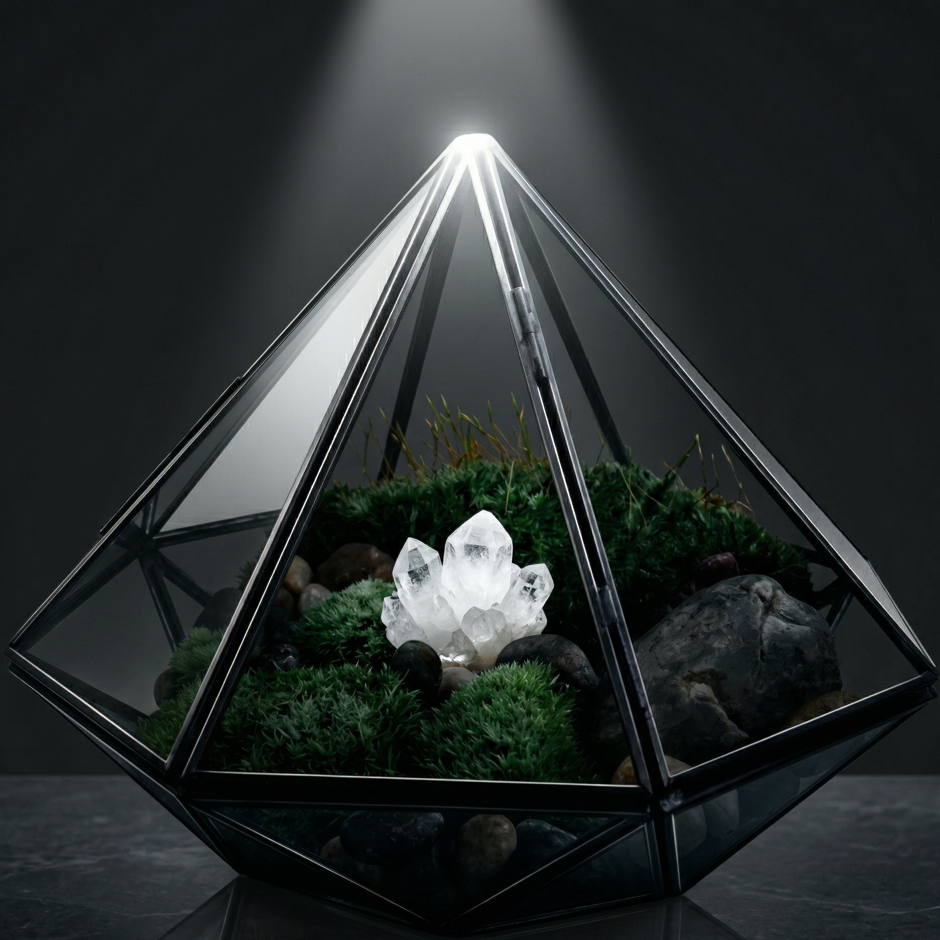 Terrarium géométrique diamant fond charcoal profond surface pierre 
sombre reflet parfait, spotlight unique cône lumière dessus,, facettes verre différentes expositions miroir 
sombre mystérieux, cadre métal noir  lignes lumière géométrie 
précise, blanc seul élément brillant intérieur mousse 
émeraude sombre, sculpture , 
format PNG 1:1