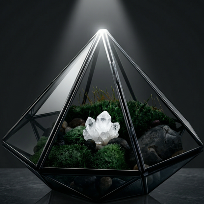 Terrarium géométrique diamant fond charcoal profond surface pierre 
sombre reflet parfait, spotlight unique cône lumière dessus,, facettes verre différentes expositions miroir 
sombre mystérieux, cadre métal noir  lignes lumière géométrie 
précise, blanc seul élément brillant intérieur mousse 
émeraude sombre, sculpture , 
format PNG 1:1