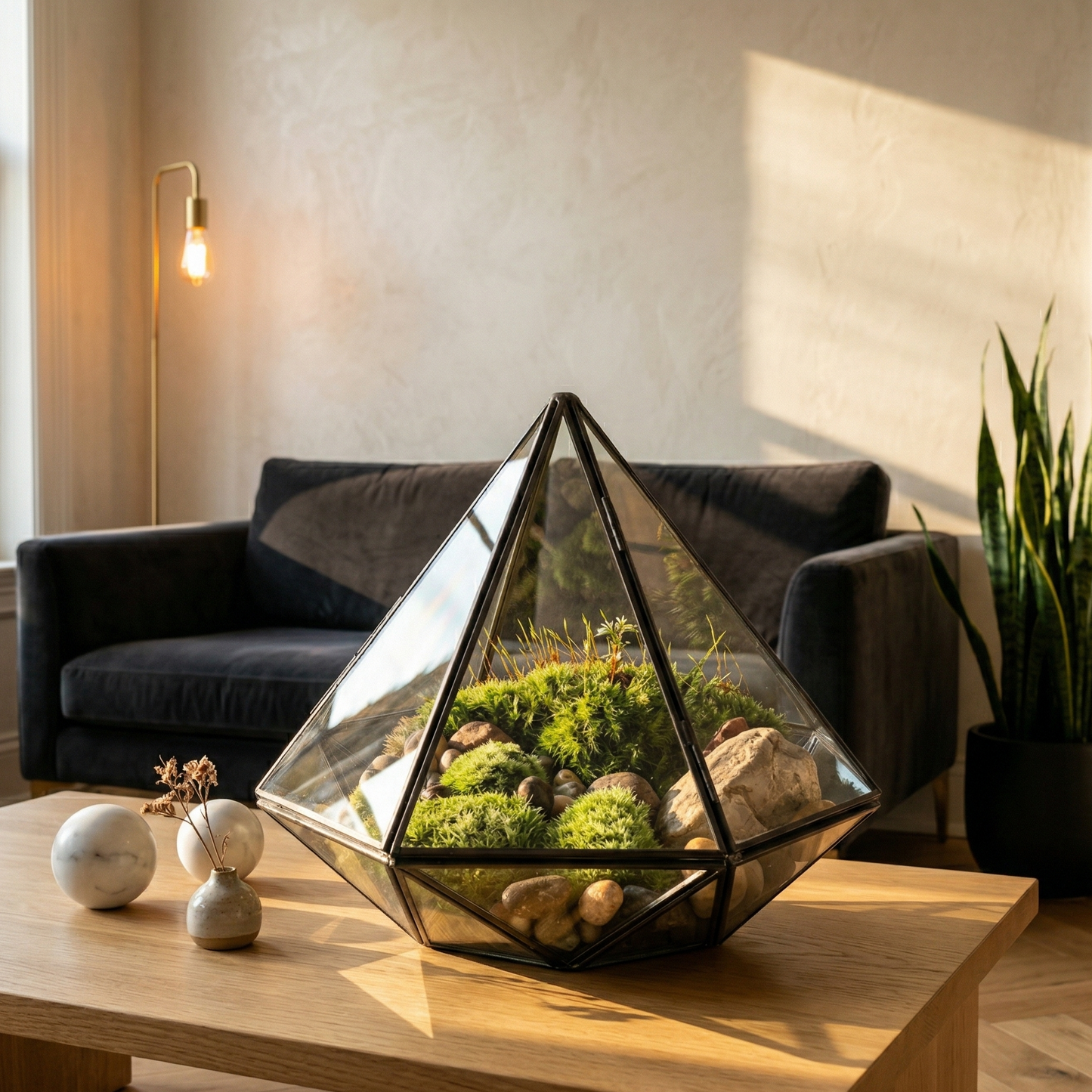 Terrarium géométrique diamant centerpiece table basse chêne blanc 
salon exceptionnel, sphères marbre blanc tige botanique séchée, canapé 
velours charcoal profond, lampe laiton Edison gauche, snake plant 
céramique noire droite, mur plâtre Vénitien chaud, soleil golden hour 
gauche effets prismatiques facettes verre éblouissantes ombres 
géométriques chêne, mousse intérieur vibrante chaude, format JPG 1:1