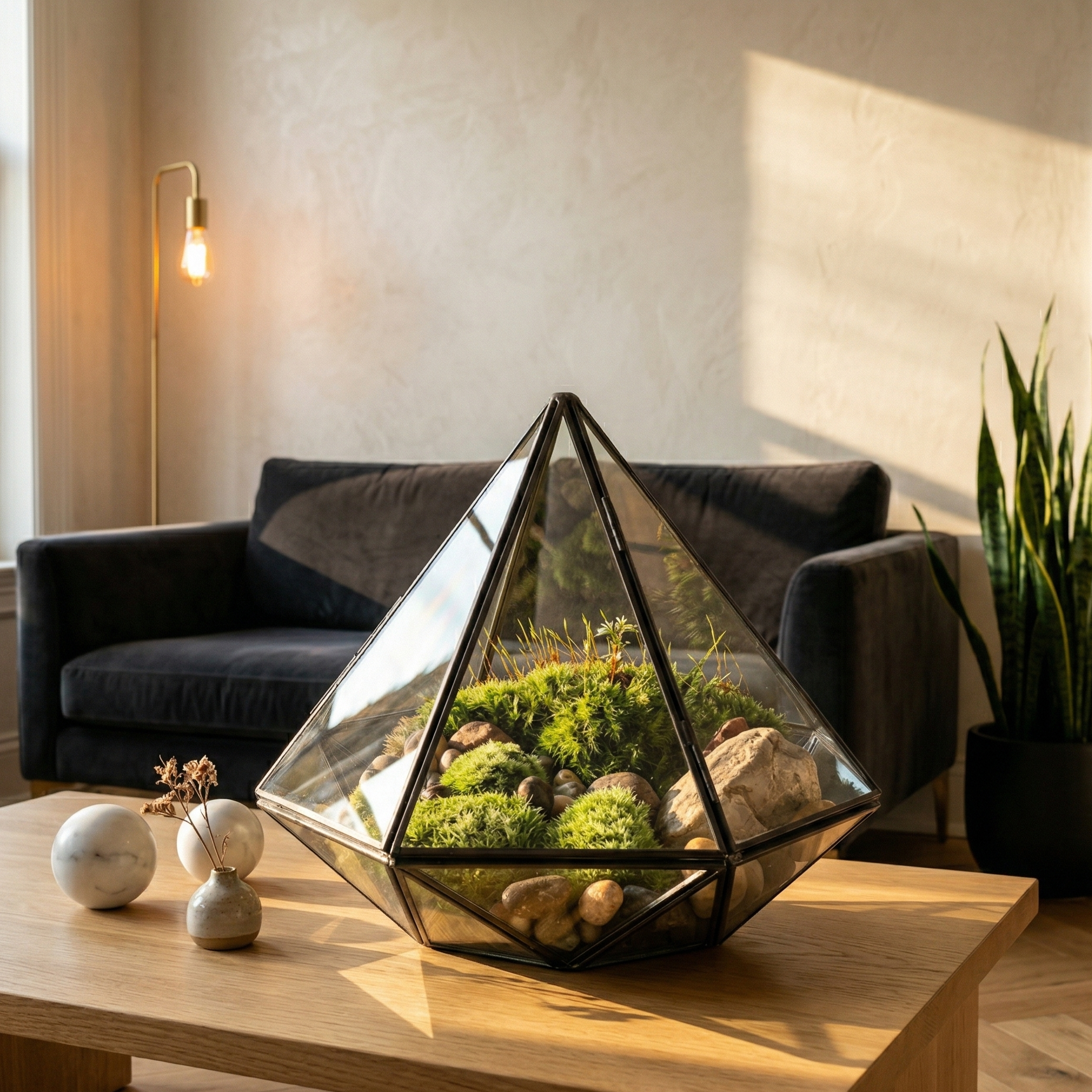 Terrarium géométrique diamant centerpiece table basse chêne blanc 
salon exceptionnel, sphères marbre blanc tige botanique séchée, canapé 
velours charcoal profond, lampe laiton Edison gauche, snake plant 
céramique noire droite, mur plâtre Vénitien chaud, soleil golden hour 
gauche effets prismatiques facettes verre éblouissantes ombres 
géométriques chêne, mousse intérieur vibrante chaude, format JPG 1:1