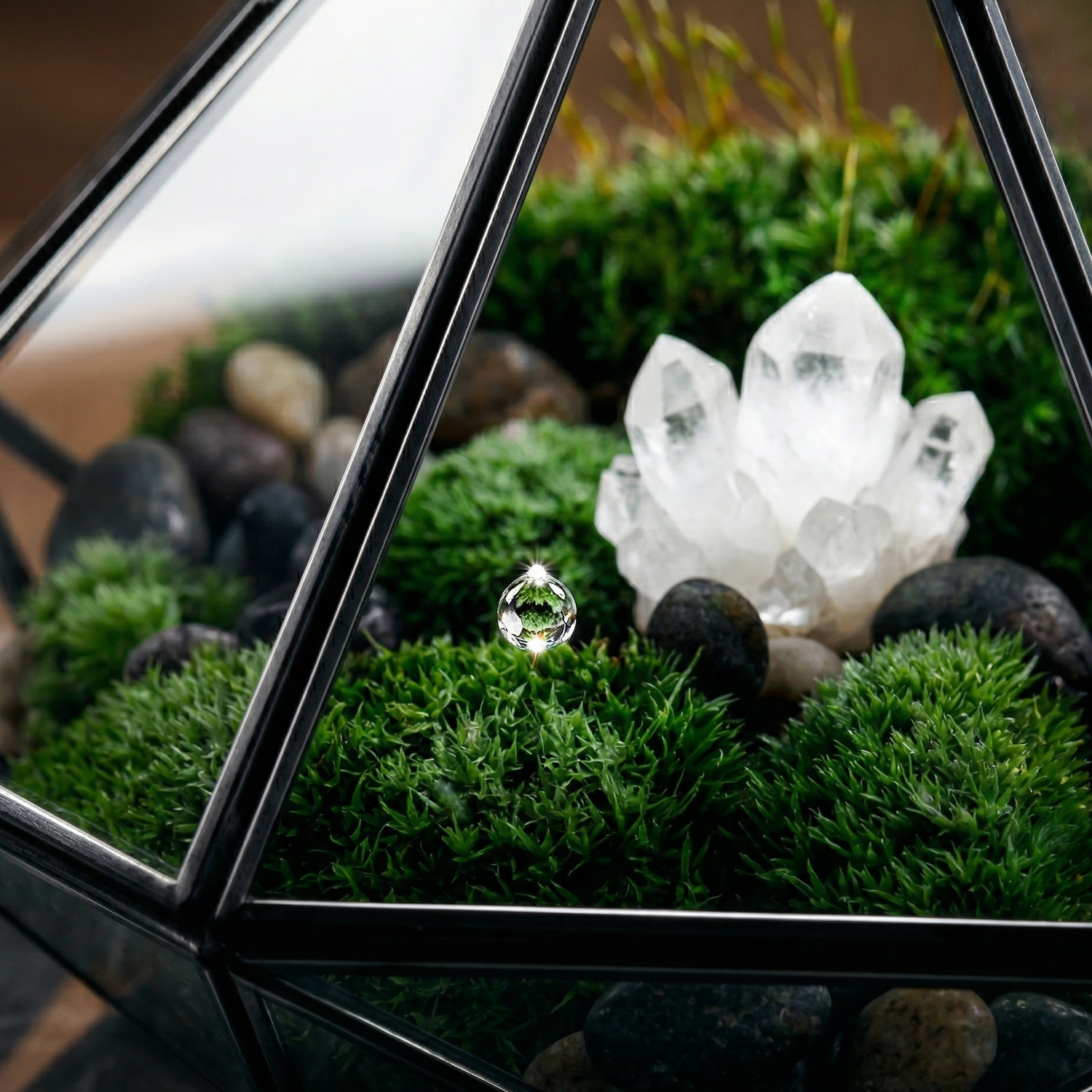 Macro gros plan facette verre cristal européen terrarium géométrique 
diamant, transparence absolue mousse verte vibrante chaque feuille 
visible gouttelette rosée diamant, bord verre razor-thin ligne lumière 
qualité premium, cadre métal noir joints parfaits, autres facettes 
bokeh chaud fond, éclairage macro focused clarté extraordinary, 
format JPG 1:1