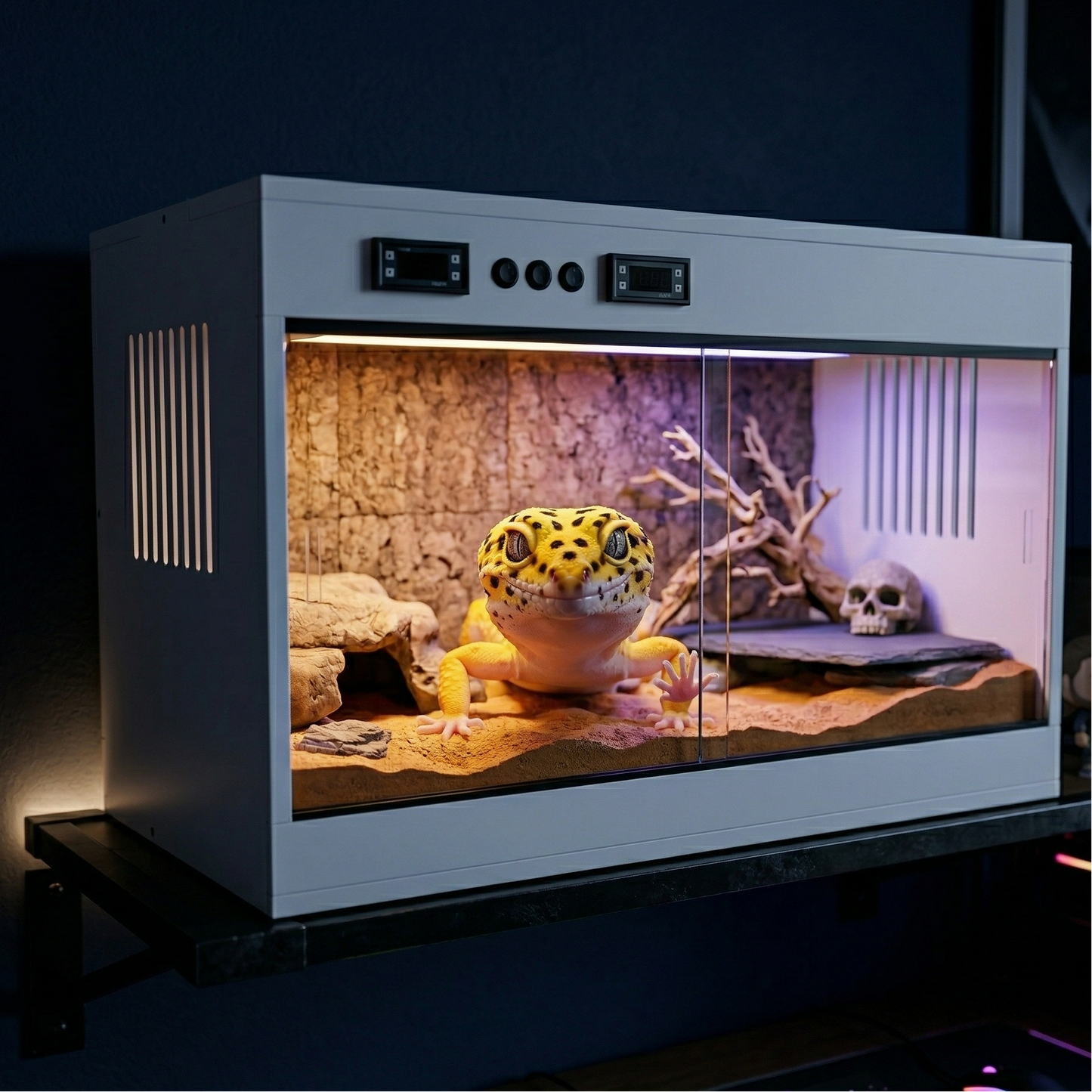 Terrarium horizontal noir mat premium sur étagère flottante métal 
chambre adolescent nuit, gecko léopard morph jaune vif collé contre 
verre avant face caméra yeux expressifs énormes, intérieur désert 
aménagé liège ardoise sable ocre crâne déco, lueur ambrée UV violette 
mélangée, mur bleu marine, LED derrière étagère, bureau gaming RGB 
visible dessous, ambiance nuit intime magique émotionnel, format PNG 1:1