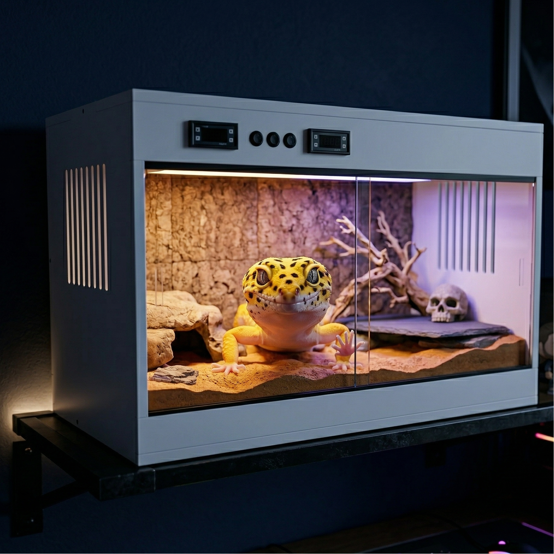 Terrarium horizontal noir mat premium sur étagère flottante métal 
chambre adolescent nuit, gecko léopard morph jaune vif collé contre 
verre avant face caméra yeux expressifs énormes, intérieur désert 
aménagé liège ardoise sable ocre crâne déco, lueur ambrée UV violette 
mélangée, mur bleu marine, LED derrière étagère, bureau gaming RGB 
visible dessous, ambiance nuit intime magique émotionnel, format PNG 1:1