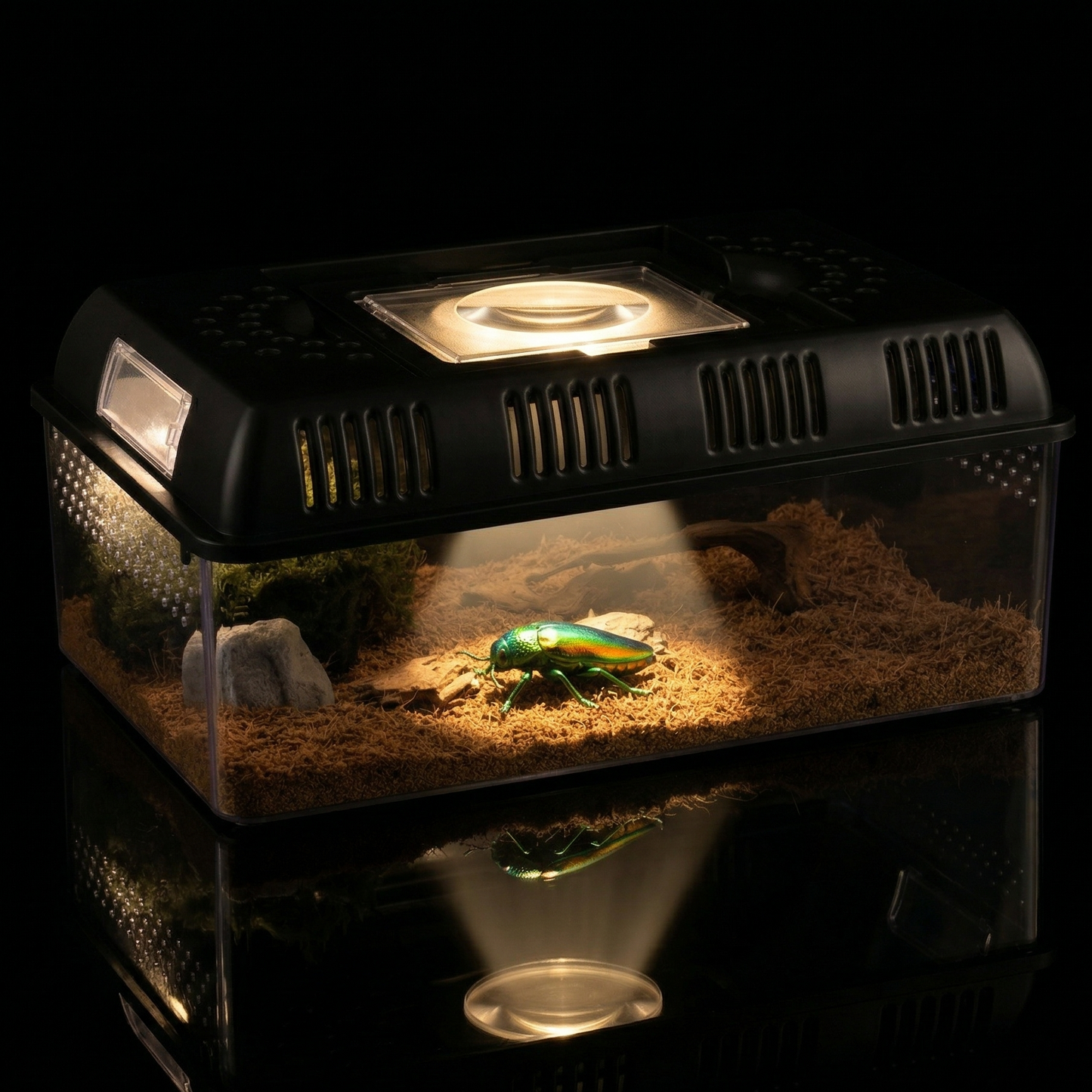 Terrarium portable transparent fond noir absolu surface acrylique 
reflet miroir parfait, LED unique source lumière faisceau précis 
intérieur, scarabée iridescent vert émeraude or cuivre spotlight bijou 
vivant, parois cristallines transmettant lumière pools doux noir, loupe 
cercle lumière parfait dessus, reflet inversé glowing dessous, format 
PNG 1:1