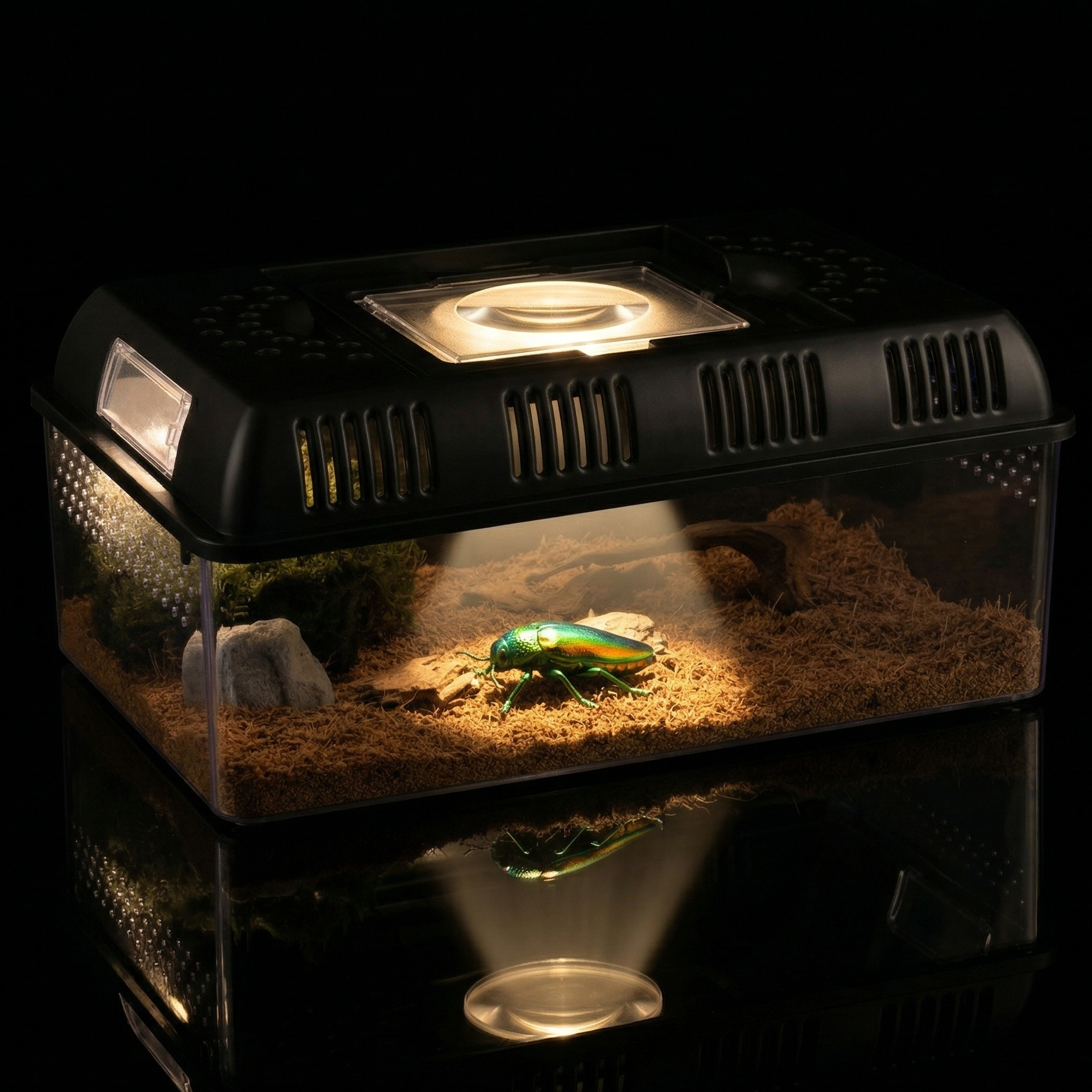 Terrarium portable transparent fond noir absolu surface acrylique 
reflet miroir parfait, LED unique source lumière faisceau précis 
intérieur, scarabée iridescent vert émeraude or cuivre spotlight bijou 
vivant, parois cristallines transmettant lumière pools doux noir, loupe 
cercle lumière parfait dessus, reflet inversé glowing dessous, format 
PNG 1:1