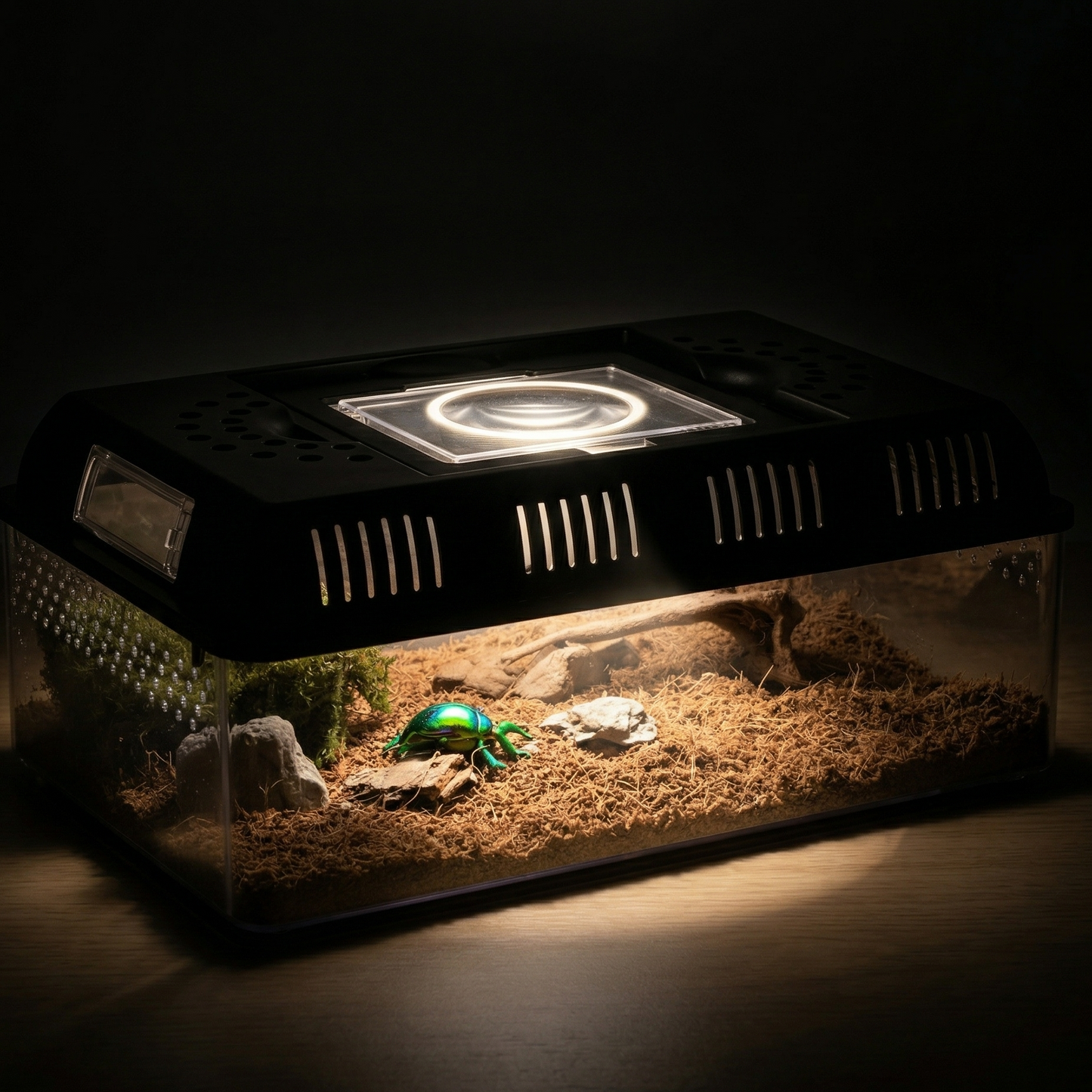 Terrarium portable transparent nuit bureau sombre, LED unique source 
lumière faisceau précis intérieur, scarabée iridescent vert sous 
spotlight couleurs arc-en-ciel carapace bijou vivant, parois plastique 
transmettant lumière pools doux bureau sombre, loupe dessus cercle 
lumière, fond chambre obscure terrarium glowing magique, format 
PNG 1:1