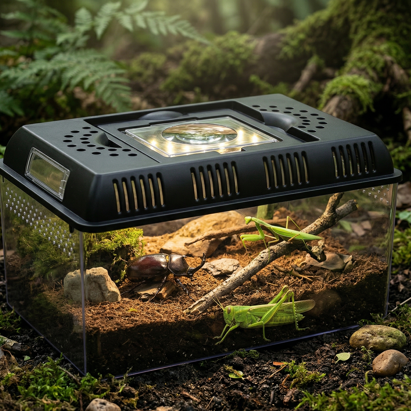 Terrarium portable transparent 3/4 angle sol forêt sombre mousse 
pierres fougères, intérieur spectaculaire scarabée rhinocéros brun 
substrat mante religieuse verte branche sauterelle verte paroi 
cristalline visible, LED chaude accent dramatique, loupe dessus reflet 
premium, lumière naturelle forêt combinée LED intérieur, format 
JPG 1:1