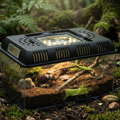 Terrarium portable transparent 3/4 angle sol forêt sombre mousse 
pierres fougères, intérieur spectaculaire scarabée rhinocéros brun 
substrat mante religieuse verte branche sauterelle verte paroi 
cristalline visible, LED chaude accent dramatique, loupe dessus reflet 
premium, lumière naturelle forêt combinée LED intérieur, format 
JPG 1:1