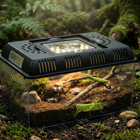 Terrarium portable transparent 3/4 angle sol forêt sombre mousse 
pierres fougères, intérieur spectaculaire scarabée rhinocéros brun 
substrat mante religieuse verte branche sauterelle verte paroi 
cristalline visible, LED chaude accent dramatique, loupe dessus reflet 
premium, lumière naturelle forêt combinée LED intérieur, format 
JPG 1:1
