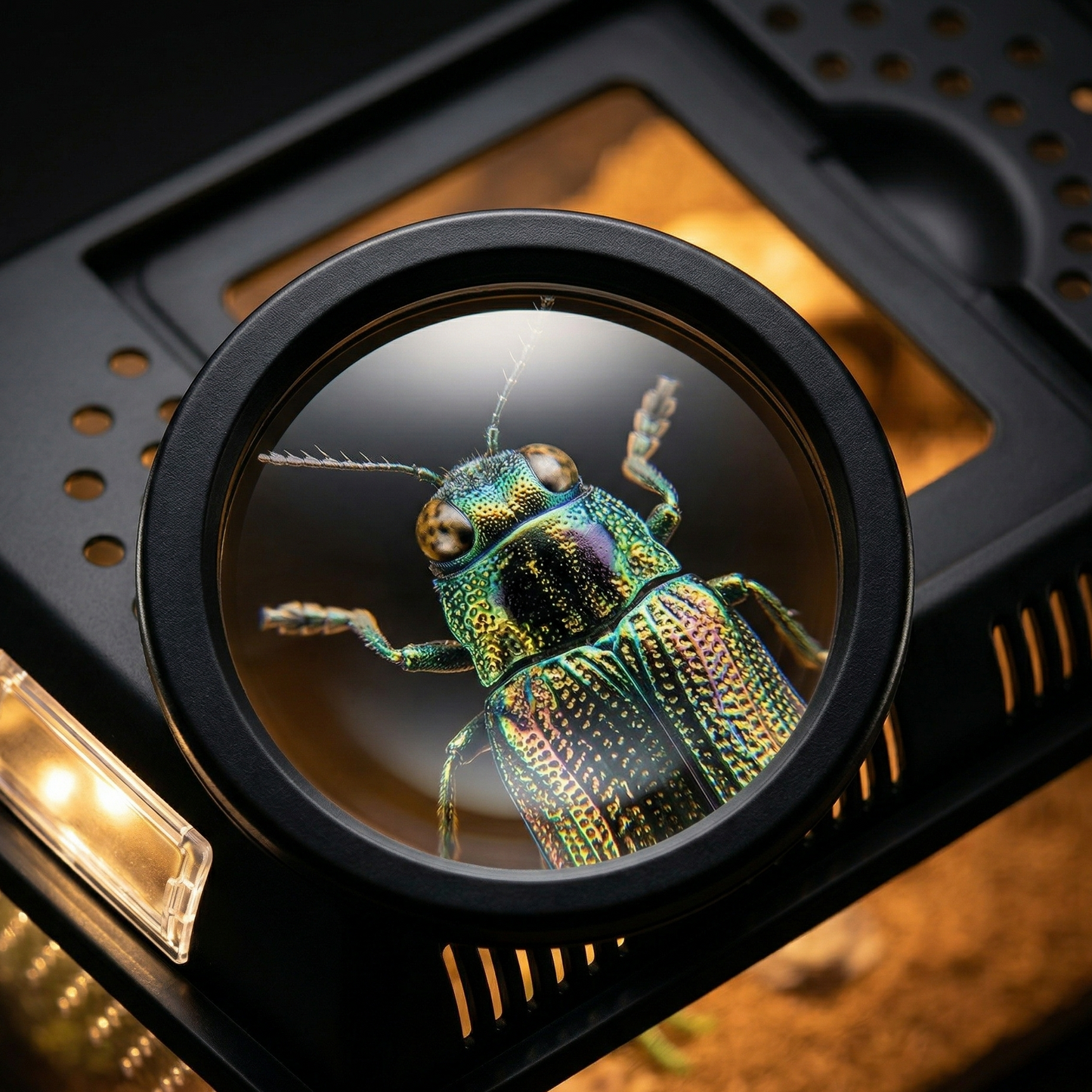 Vue macro dessus loupe circulaire x60 terrarium portable noir cadre 
premium, scarabée grossi travers lentille yeux composés précieux 
antennes poils aile iridescente extraordinaire, surface noire mate 
LED gauche lueur chaude accent, intérieur substrat roches bokeh chaud 
visible côtés, lumière focalisée overhead highlight circulaire parfait, 
format JPG 1:1
