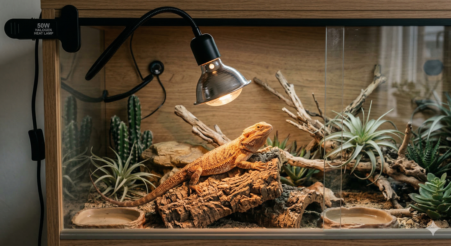 Terrarium pour reptile avec une lampe chauffante à pince réglable,