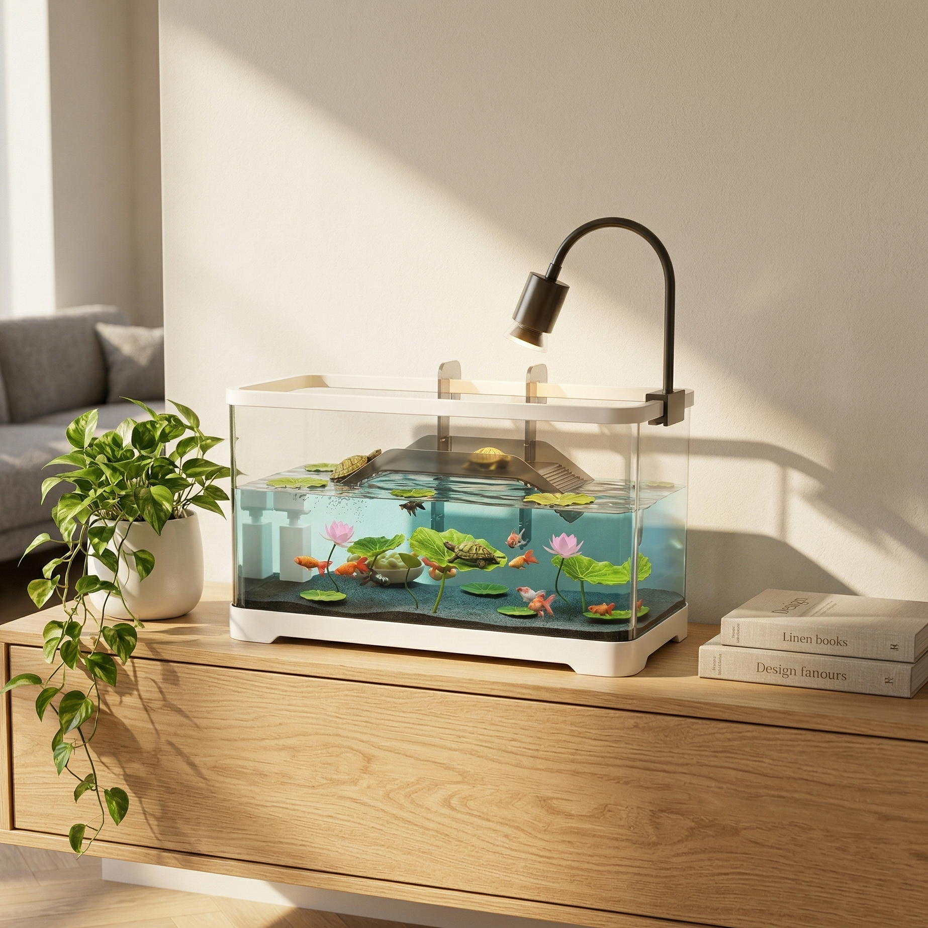 Terrarium aquatique premium blanc sur bahut chêne clair flottant salon 
aspirationnel, pothos céramique matte gauche, livres lin droite, parquet 
chêne hérringbone soleil patches, canapé boucle gris bokeh fond, 
deux tortues basking nageant lotus rose open poissons oranges eau 
bleue-verte cristalline, lampe amber cone précis, lumière après-midi 
dorée diagonale, contraste warm room cool aquatic, format JPG 1:1