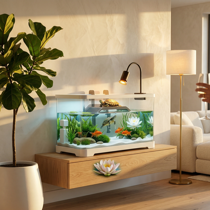 Terrarium aquatique premium blanc console chêne blanc flottante salon 
exceptionnel golden hour, mur plâtre Vénitien texture chaud, ficus 
lyrata pot céramique blanc gauche, lampe laiton lin Edison droite, 
parquet chêne large planche, canapé boucle ivoire bokeh fond, intérieur 
aquatique masterpiece sable blanc lotus blanc ouvert tortues basking 
surfacing naturelles poissons cuivre formation cristal eau parfaite, 
lumière dorée diagonale contraste bleu-vert vivant, main féminine 
alliance or vin bord droi