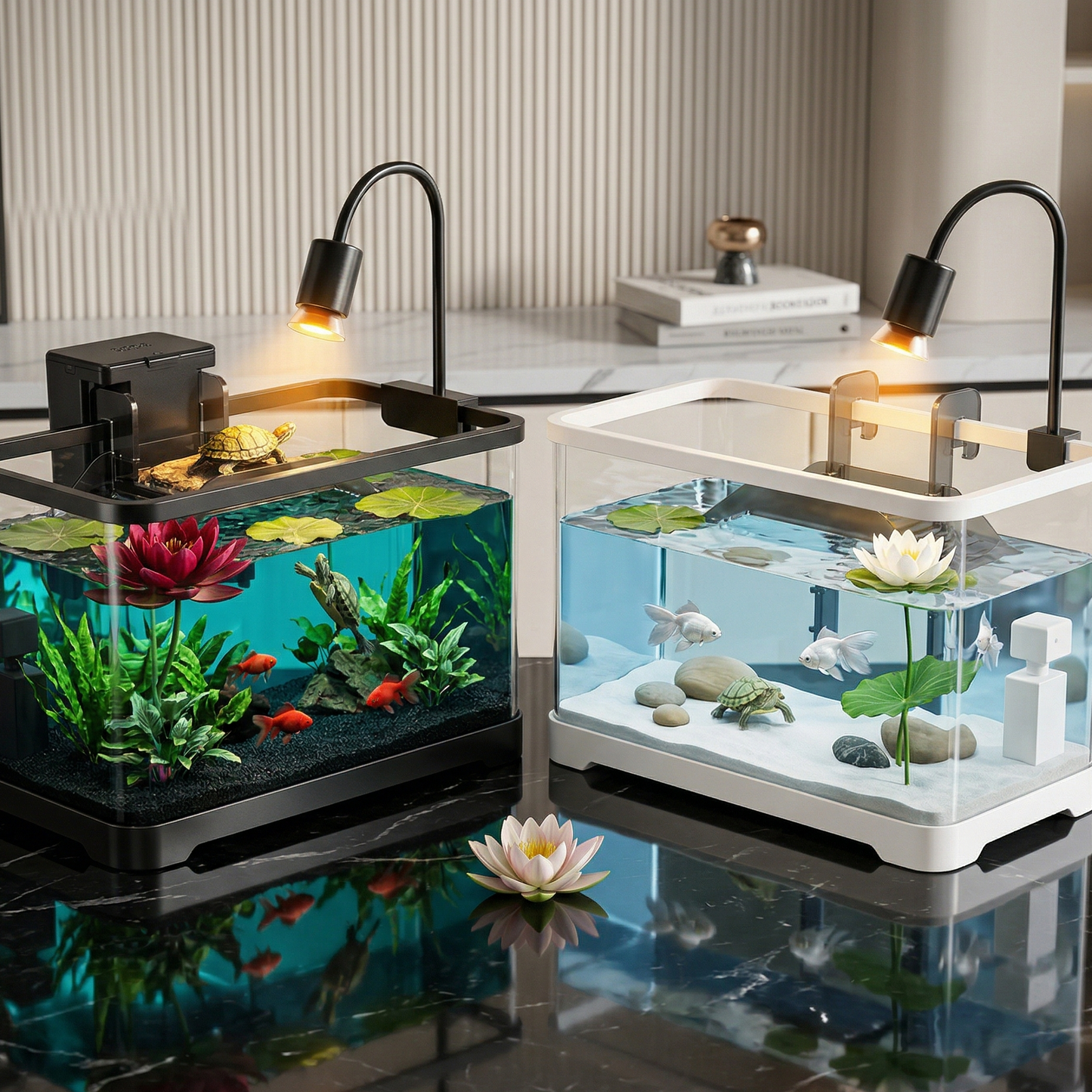 Deux terrariums aquatiques premium côte à côte, version noire gauche 
intérieur tropical dramatique lotus rouge tortues plongeon, version 
blanche droite aquascape japonais serein lotus blanc sable, surface 
marbre Nero Marquina miroir reflets parfaits, lotus frais entre deux, 
double spot cinématique, contraste drama noir sérénité blanc, 
format JPG 1:1