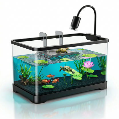 Terrarium aquatique premium noir fond blanc pur surface acrylique reflet 
miroir parfait, cadre noir mat premium engineering précis, verre 
panoramique cristallin invisible qualité, intérieur spectaculaire eau 
turquoise caribéenne gravier volcanique noir, deux tortues basking 
nageant naturellement, lotus rose ouvert lumineux, trois poissons 
cuivre formation élégante, spot ambre précis turtle, rim light razor 
thin bord noir, contraste black exterior living colorful interior, 
format JPG 1:1