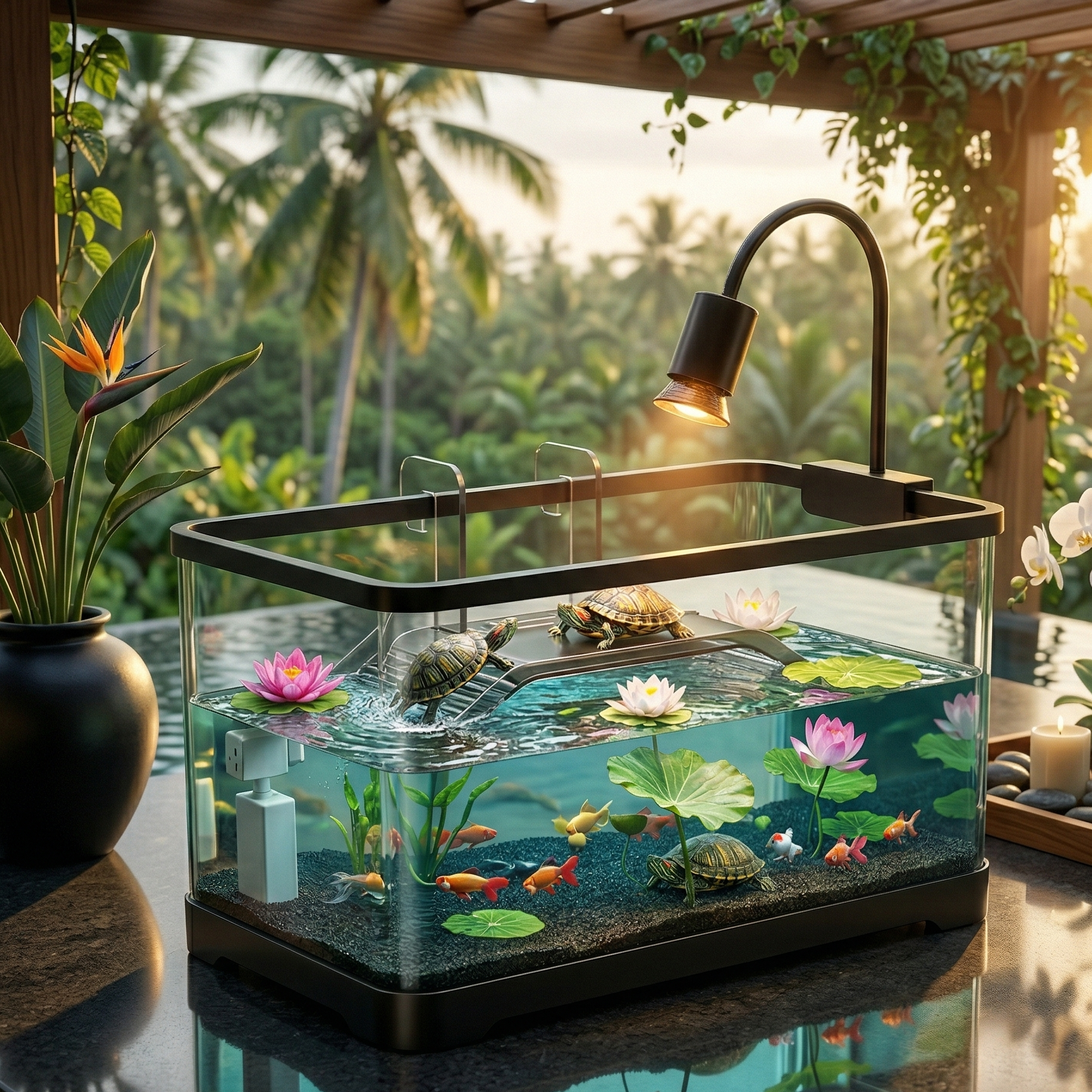 Terrarium aquatique premium noir sur table lava stone terasse resort 
balinais luxueux, golden hour soleil tropical chaud, oiseau paradis 
pot noir gauche, orchidées blanches bois droite, pergola teck ombres 
dappled, trois tortues eau turquoise lotus rose doré, poissons oranges, 
reflet terrarium lava stone, ambiance Aman Bali paradis naturel, 
format JPG 1:1