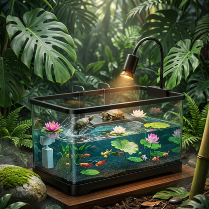 Terrarium aquatique premium noir version jungle tropicale, teck sombre 
sol forêt tropical, monstera philodendron bambou brume matinale, deux 
tortues oreilles rouges basking plongeon freeze-frame, lotus roses eau 
bleue-verte cristalline poissons oranges, lampe ambre spot dramatique, 
lumière forêt dappled, joyau vivant tropical immersif, format JPG 1:1