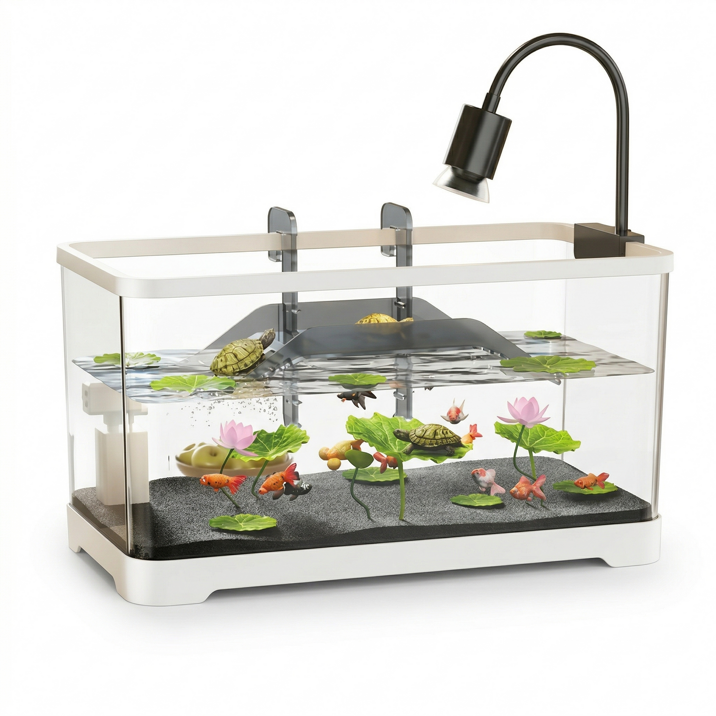 Terrarium aquatique premium complet blanc, cadre métal blanc, verre 
panoramique transparent, lampe col de cygne droite, filtre gauche, 
plateforme tortue intérieure eau visible, substrat foncé lotus verts 
fleur rose tortues poissons, fond blanc studio ombre subtile séparation, 
format JPG 1:1
