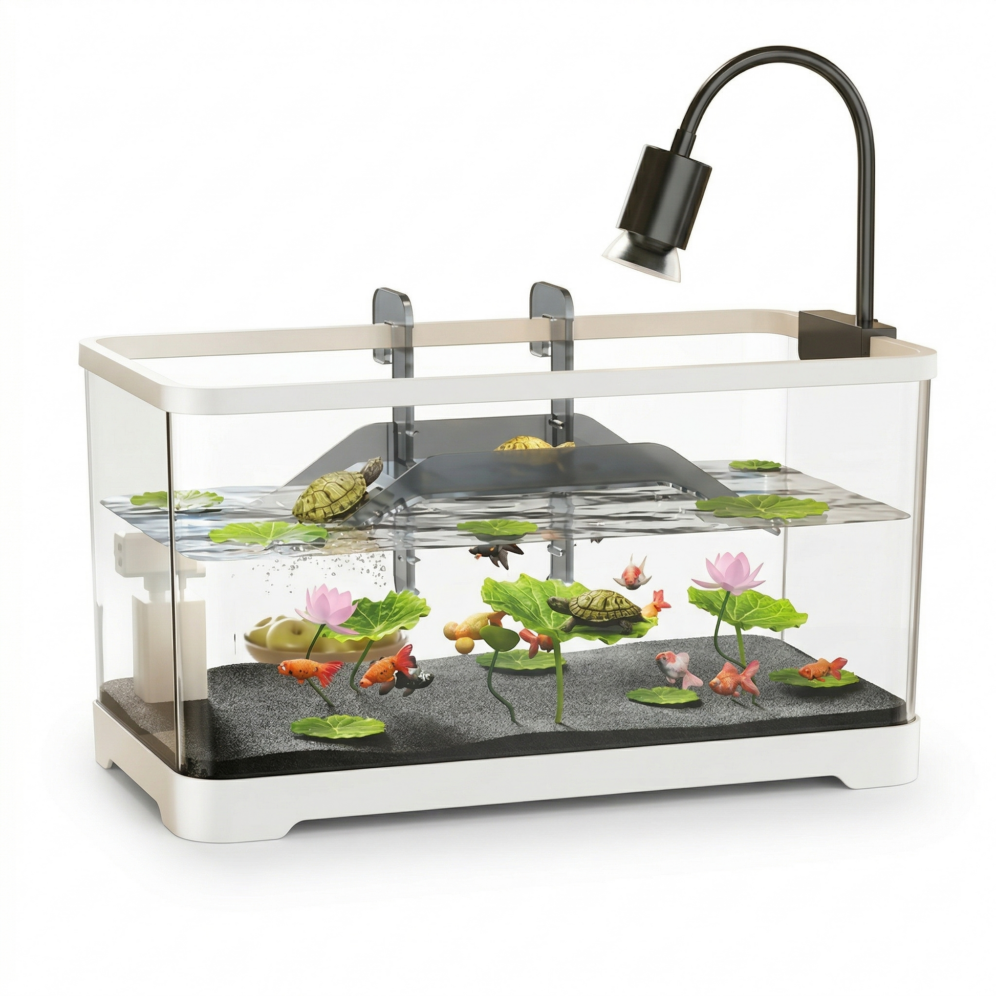 Terrarium aquatique premium complet blanc, cadre métal blanc, verre 
panoramique transparent, lampe col de cygne droite, filtre gauche, 
plateforme tortue intérieure eau visible, substrat foncé lotus verts 
fleur rose tortues poissons, fond blanc studio ombre subtile séparation, 
format JPG 1:1