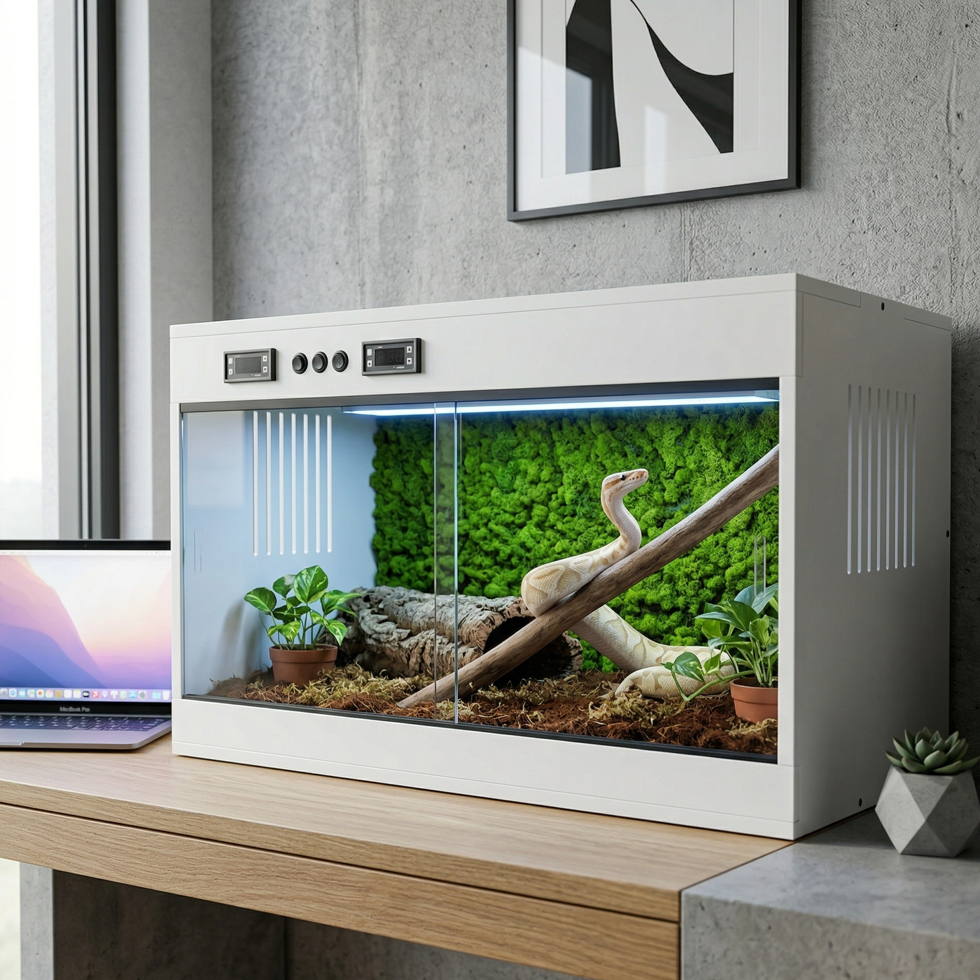 Terrarium horizontal noir mat premium sur bureau béton chêne 
bureau design minimaliste, intérieur tropical aménagé python 
champagne crème doré lové branche diagonale tête levée visible 
verre, paroi mousse verte substrat fibre coco, liège cave pothos, 
MacBook gauche, succulent béton droite, mur béton art print abstrait, 
lumière naturelle fenêtre gauche, ambiance créatif aspirationnel, 
format PNG 1:1