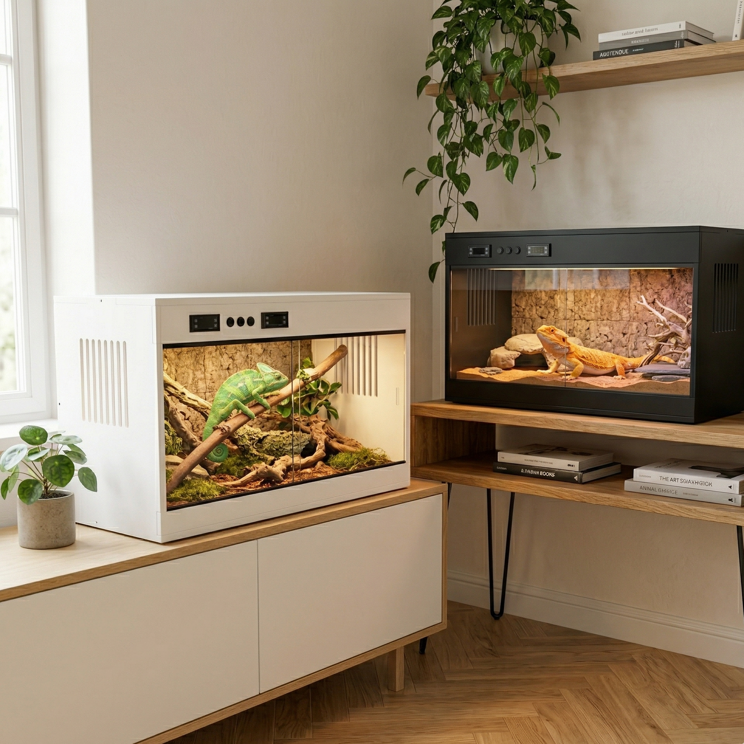 Deux terrariums horizontaux premium côte à côte dans salon nordique 
moderne, version blanche sur bahut chêne blanc avec caméléon vert 
branche éclairage ambre, version noire sur console chêne pieds 
épingle avec dragon barbu orange roches basking, parquet chêne 
hérringbone, mur plâtre blanc chaud, lumière naturelle diffuse, 
ambiance nordique aspirationnel, format JPG 1:1