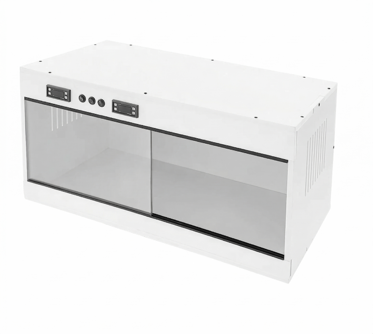 Terrarium reptile horizontal blanc mat premium 80×40×40cm, portes 
coulissantes verre fumé, double afficheur digital, grilles ventilation 
latérales, photographié fond blanc studio éclairage luxe, format 1:1