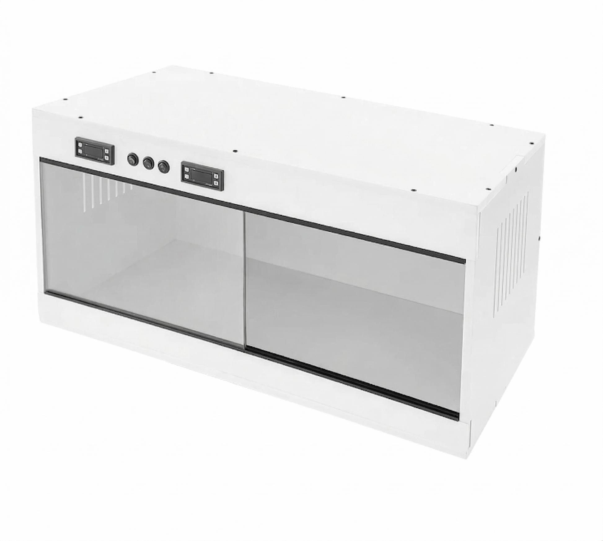 Terrarium reptile horizontal blanc mat premium 80×40×40cm, portes 
coulissantes verre fumé, double afficheur digital, grilles ventilation 
latérales, photographié fond blanc studio éclairage luxe, format 1:1