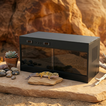 Terrarium horizontal noir mat premium avec gecko léopard tacheté 
jaune noir, posé sur dalle grès beige, décor désertique minéral zen, 
roches polies échévéria terracotta branche bois séché, sable fin 
naturel, lumière dorée après-midi ombres longues, ambiance National 
Geographic luxe, format JPG 1:1