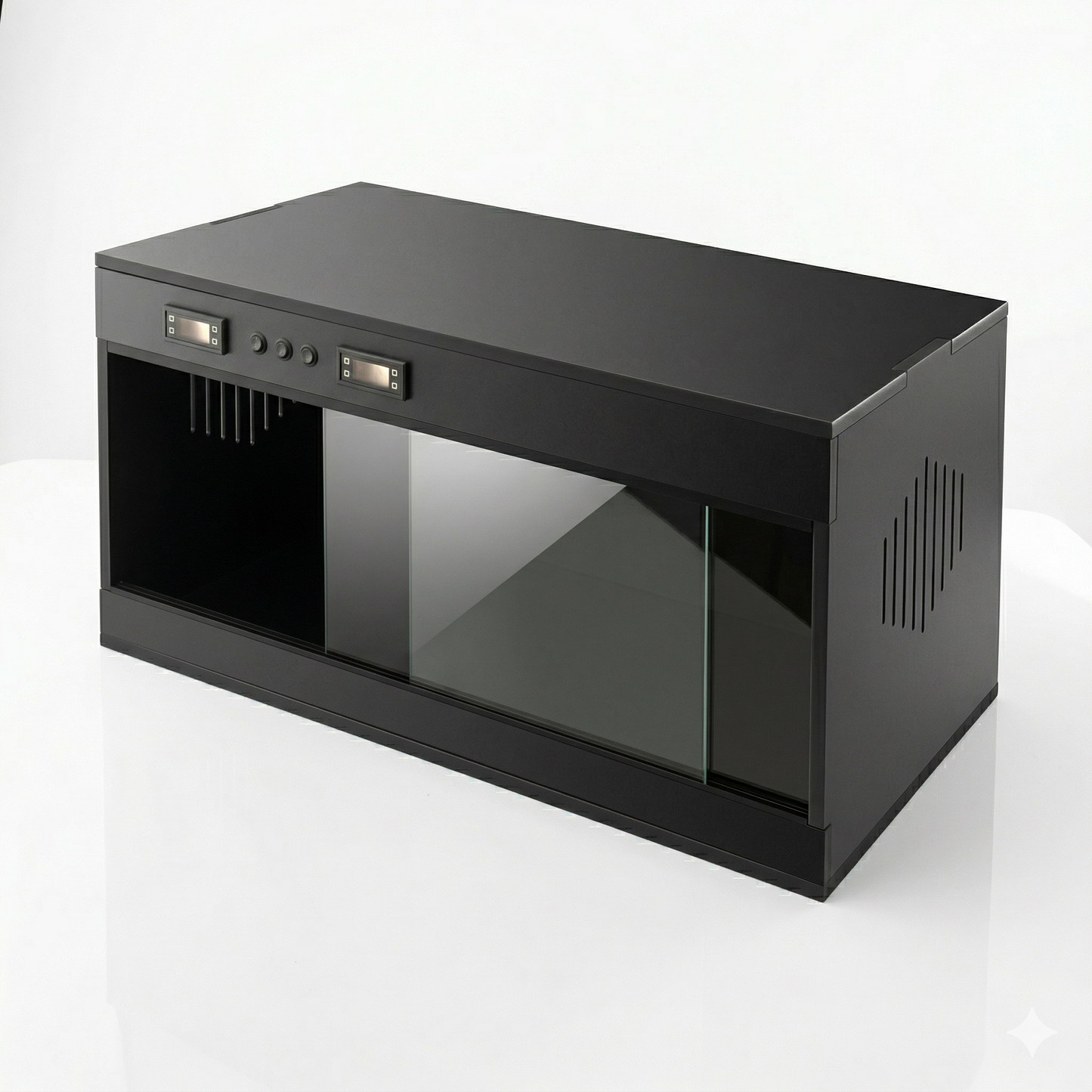 Terrarium reptile horizontal noir mat premium 80×40×40cm, portes 
coulissantes verre fumé, double afficheur digital, grilles ventilation 
latérales, photographié fond blanc studio éclairage luxe, format 1:1