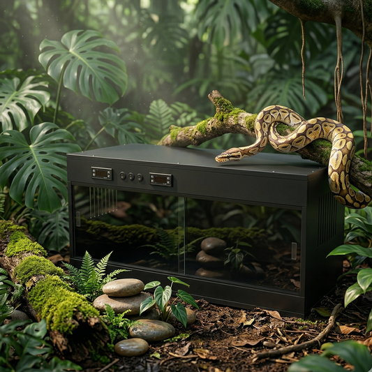 Terrarium horizontal noir mat premium avec python royal brun doré 
crème lové sur branche naturelle, intégré décor jungle tropicale, 
sol forêt sombre, monstera philodendron fougères arrière-plan flou, 
tronc mousse pierres rivière, lumière matinale brumeuse filtrée 
canopée, ambiance BBC Nature luxe catalogue, format PNG 1:1